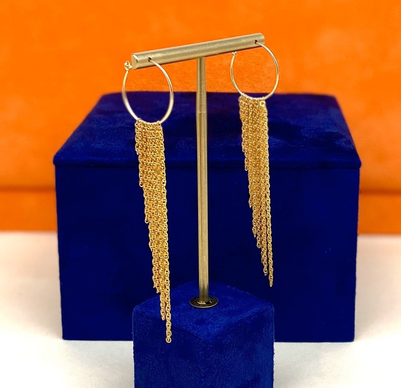  Title: Fringe earrings - gold Medium: Gold plated rope chain on gold filled hoops Price: £95 