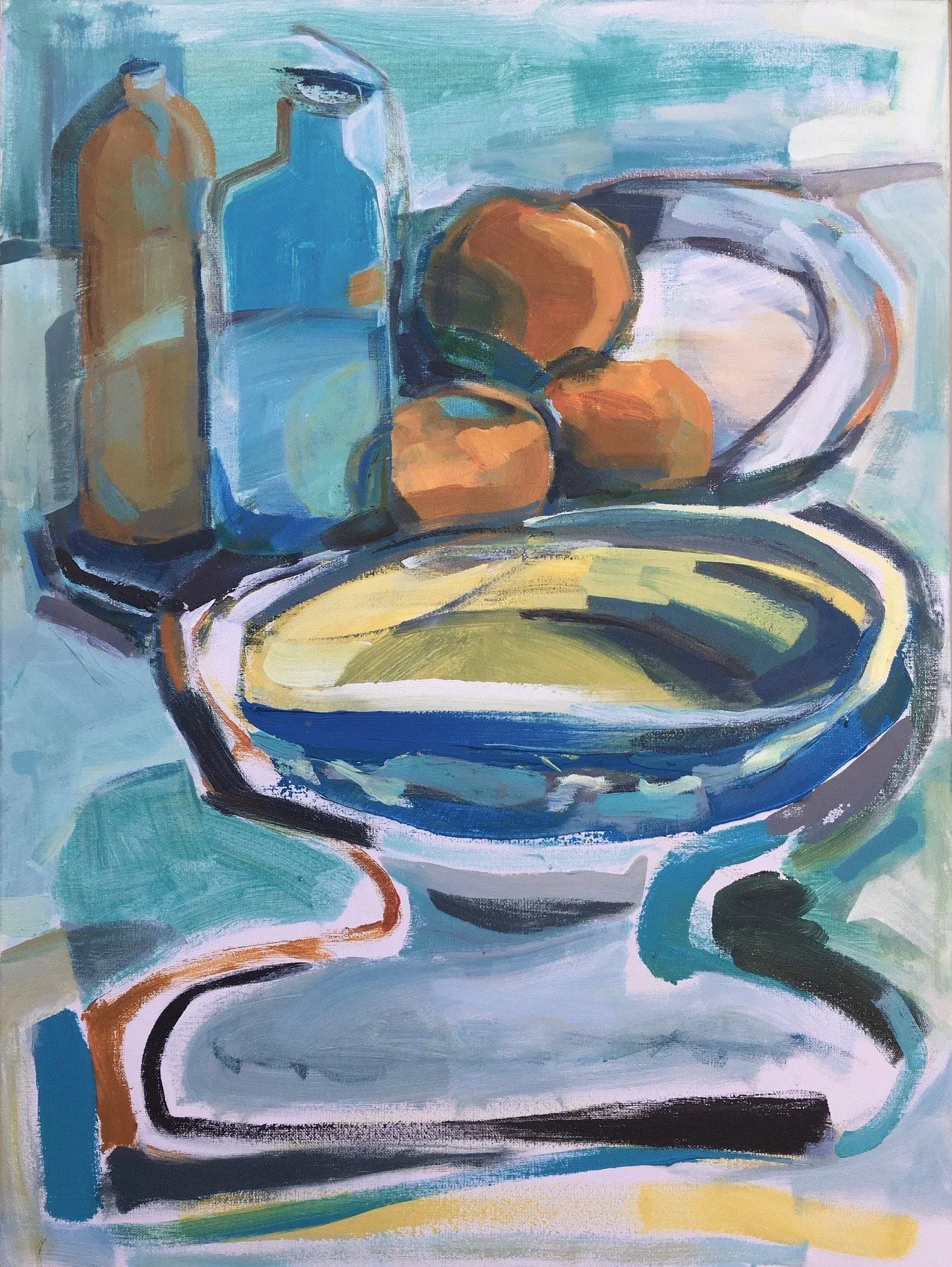  Title: Orange and Blue Bowl   Medium: Acrylic on canvas   Size: 65 x 85 cm   £750 
