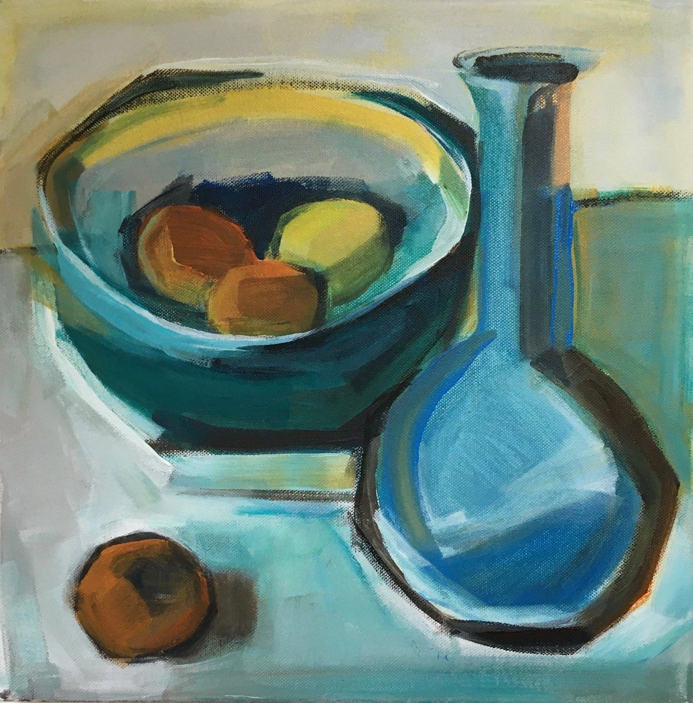  Title: Fruit and a BLu eVase  Medium: Acrylic on canvas  Size: 42 x 42 cm  £400 