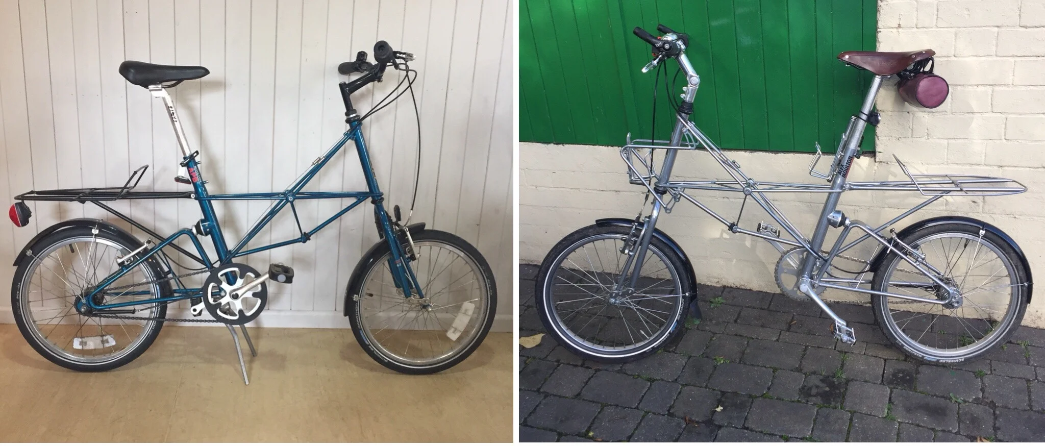 A customer's very original APB 7 in for a front suspension rebuild at The Traditional Cycle Shop recently and Fran Martin's APB 7 which was rebuilt last year and is fitted with one of the rear carriers manufactured last year by Moulton Bicycles.