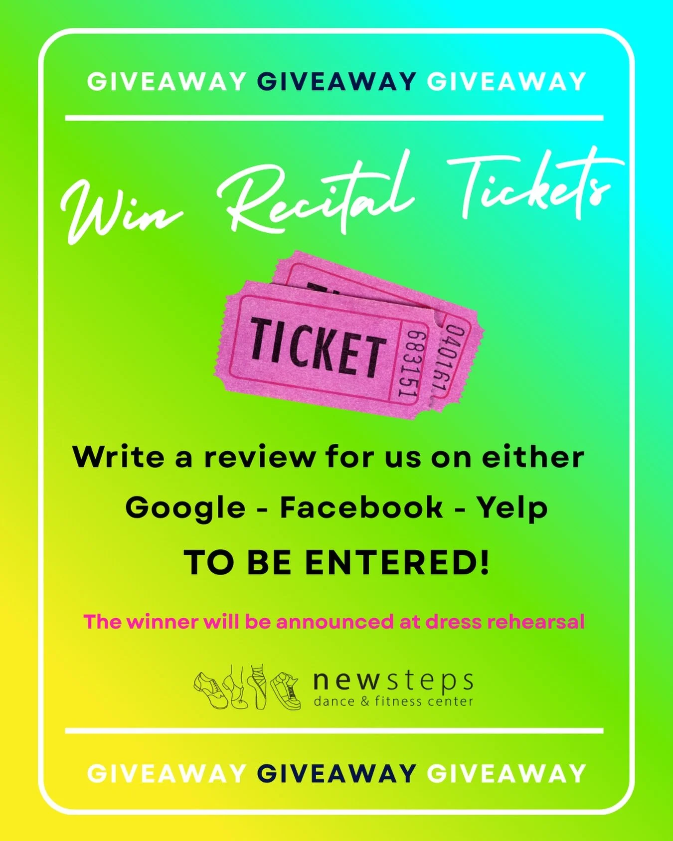 📣 WIN RECITAL TICKETS! 🎟️🎟️🎟️

Write us a review on Facebook, Google or YELP to be entered to win recital tickets! Winner will be announced at dress rehearsal. 

#newstepsdancefitness #keepdancing #glastonburyct #dancestudio #dancerecital