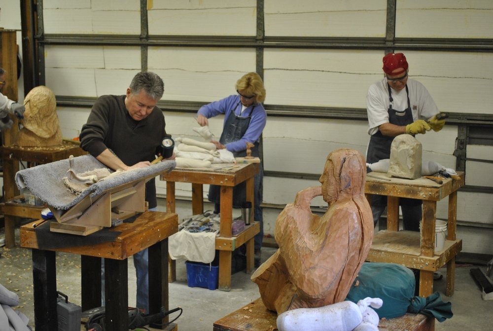 Students Carving in the studio at John Leon Sculpture Classes