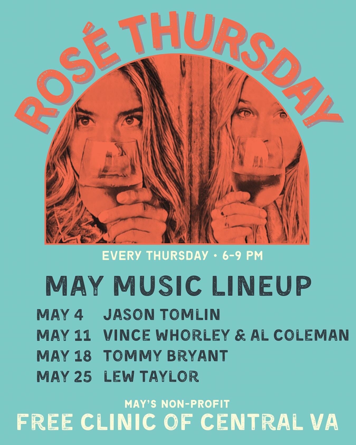 Ros&eacute; Thursday lineup for May!

It&rsquo;s Ros&eacute; Thursday and we are stoked to have Jason Tomlin with us tonight! A new month also means a new featured non-profit. $2 from every bottle of ros&eacute; sold will go to the Free Clinic of Cen