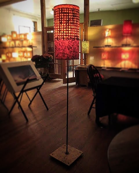 Using color papers and ethnic wood fiber paper, one of my first Floor Lamps dressed in Red Orange.  Warms the soul,  Good color to have around in winter. I remember wondering if anyone would like it enough to buy  it.  I promptly sold 3.  A lady from