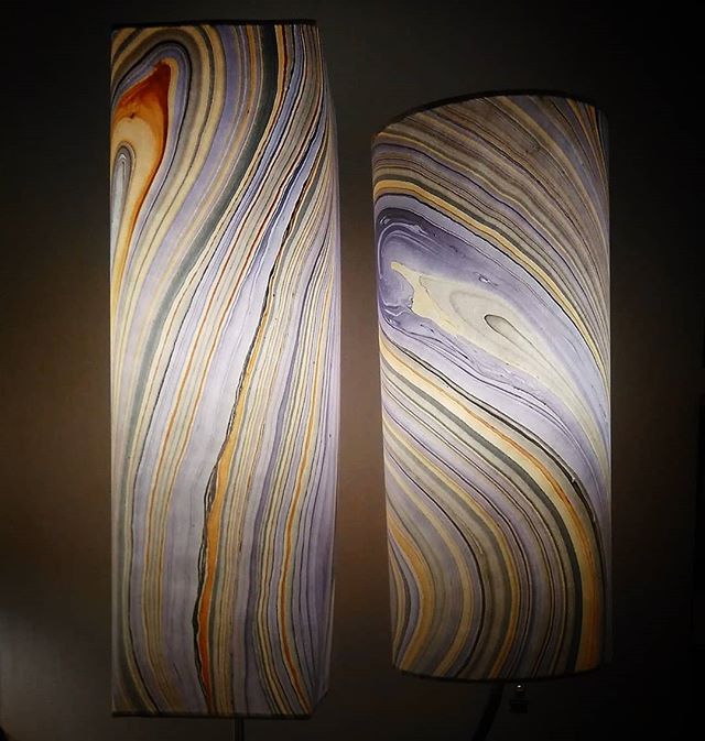 Violet &amp; Yellow Striations in these lovely paper shade designs.  Groovy, Elegant, Lively.  Contact me and let's find the perfect lamp design for your interiors!

#linkinbio #lampshadedesign #lightingideas #lightingdesign #lighting #design #lightd