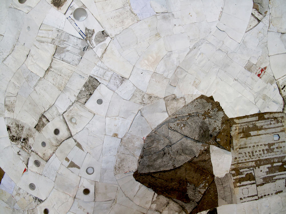 DETAIL Spandrel (Leslie, MI to Hastings, MI) 2009, found paper, Styrofoam, and plastic (throwaway materials gathered on collection-walks), 96¨ x 80¨ x 5¨