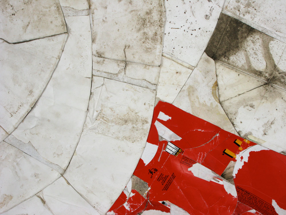  DETAIL Jetty (Hastings, MI to Alto, MI) 2009, found paper, Styrofoam, and plastic (throwaway materials gathered on collection-walks); 60¨ x 60¨ x 1¨