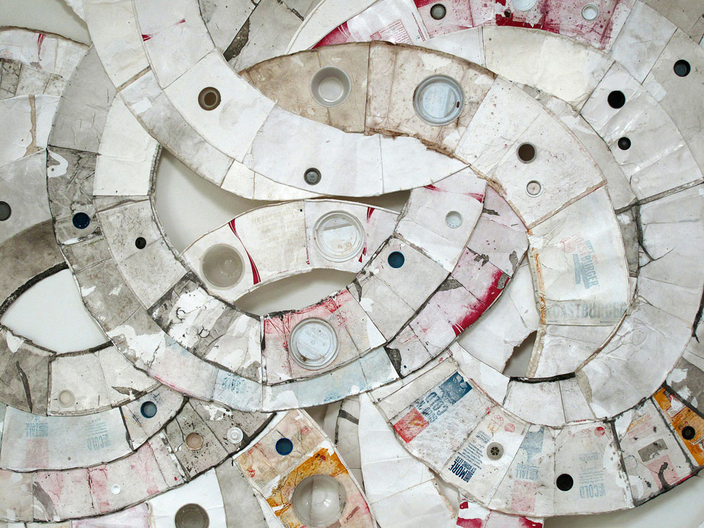DETAIL Moly (Kennan, WI to Eau Claire, WI) 2010, found paper, Styrofoam, and plastic (throwaway materials gathered on collection-walks) ; 120¨ x 90¨ x 4¨