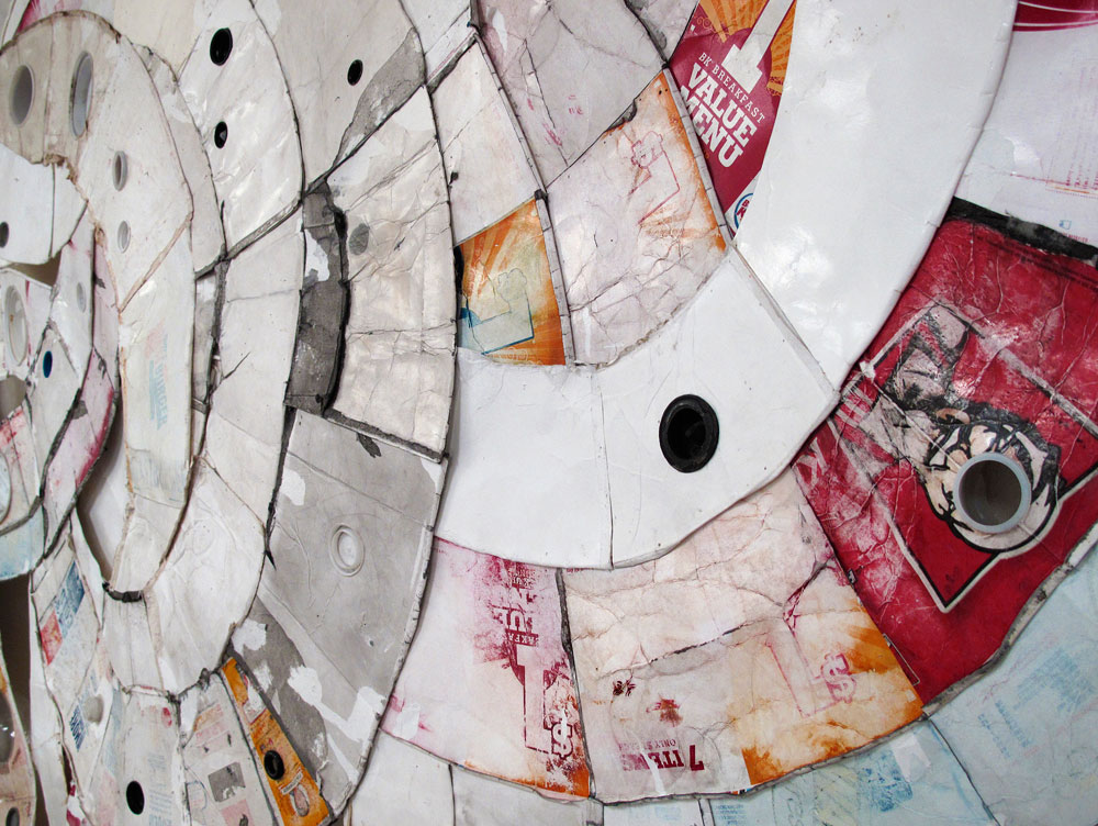 Moly (Kennan, WI to Eau Claire, WI) 2010, found paper, Styrofoam, and plastic (throwaway materials gathered on collection-walks); 120¨ x 90¨ x 4¨