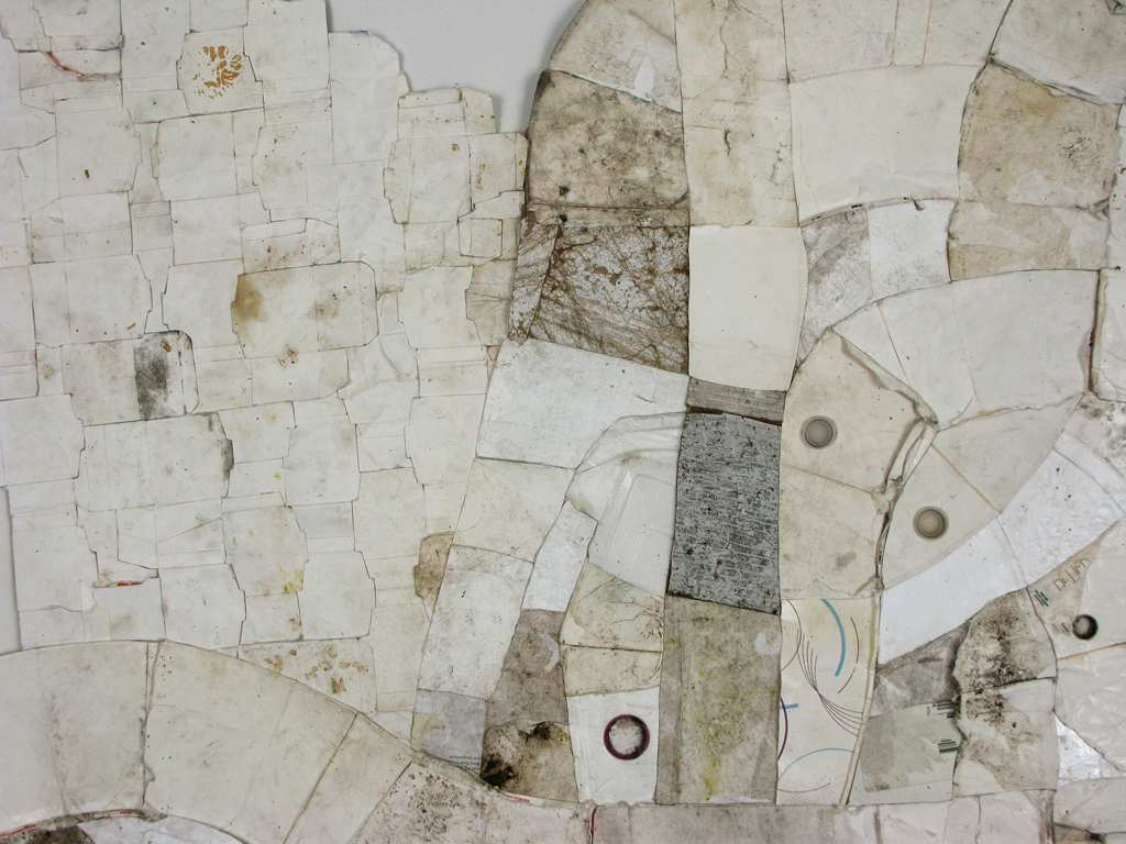 Neah Gebur (Leslie, MI to Hastings, MI) 2009; found paper, Styrofoam, and plastic (throwaway materials gathered on collection-walks); 102¨ x 78¨ x 1.5