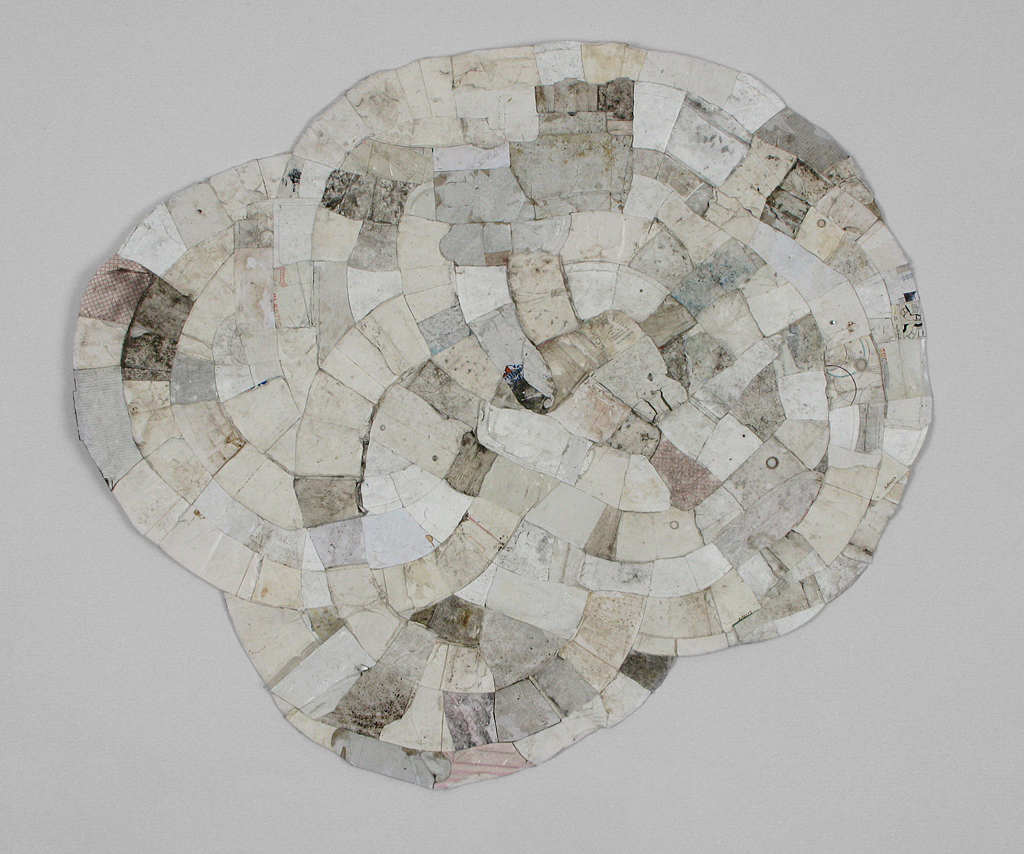 The Commons (Ann Arbor, MI to Leslie, MI) 2008; found paper, Styrofoam, and plastic (throwaway materials gathered on collection-walks), 72” x 72” x 1”