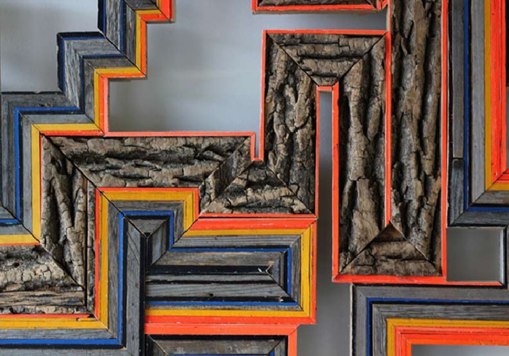 Detail - Shukke (Reedsburg, WI/ Marquette, NE/ Utica, NY), 2015 Wood collected from rural outbuildings, found pallet wood, cord wood, painted wood, nails and screws, 48 x 72 inches