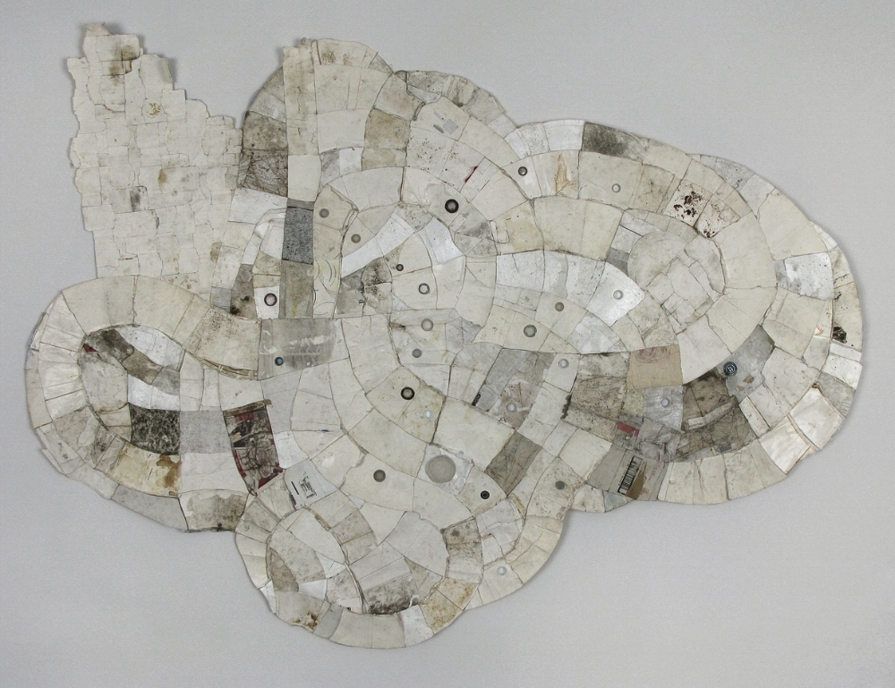 Neah Gebur (Leslie, MI to Hastings, MI) 2009; found paper, Styrofoam, and plastic (throwaway materials gathered on collection-walks); 102¨ x 78¨ x 1.5