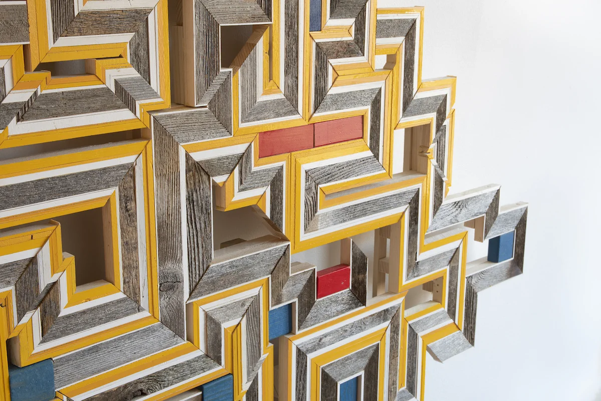 DETAIL - Untitled , (Reedsburg, WI/Ann Arbor, MI) 2019. Found wood, painted pine and poplar, 54" x 55" x 3.5”