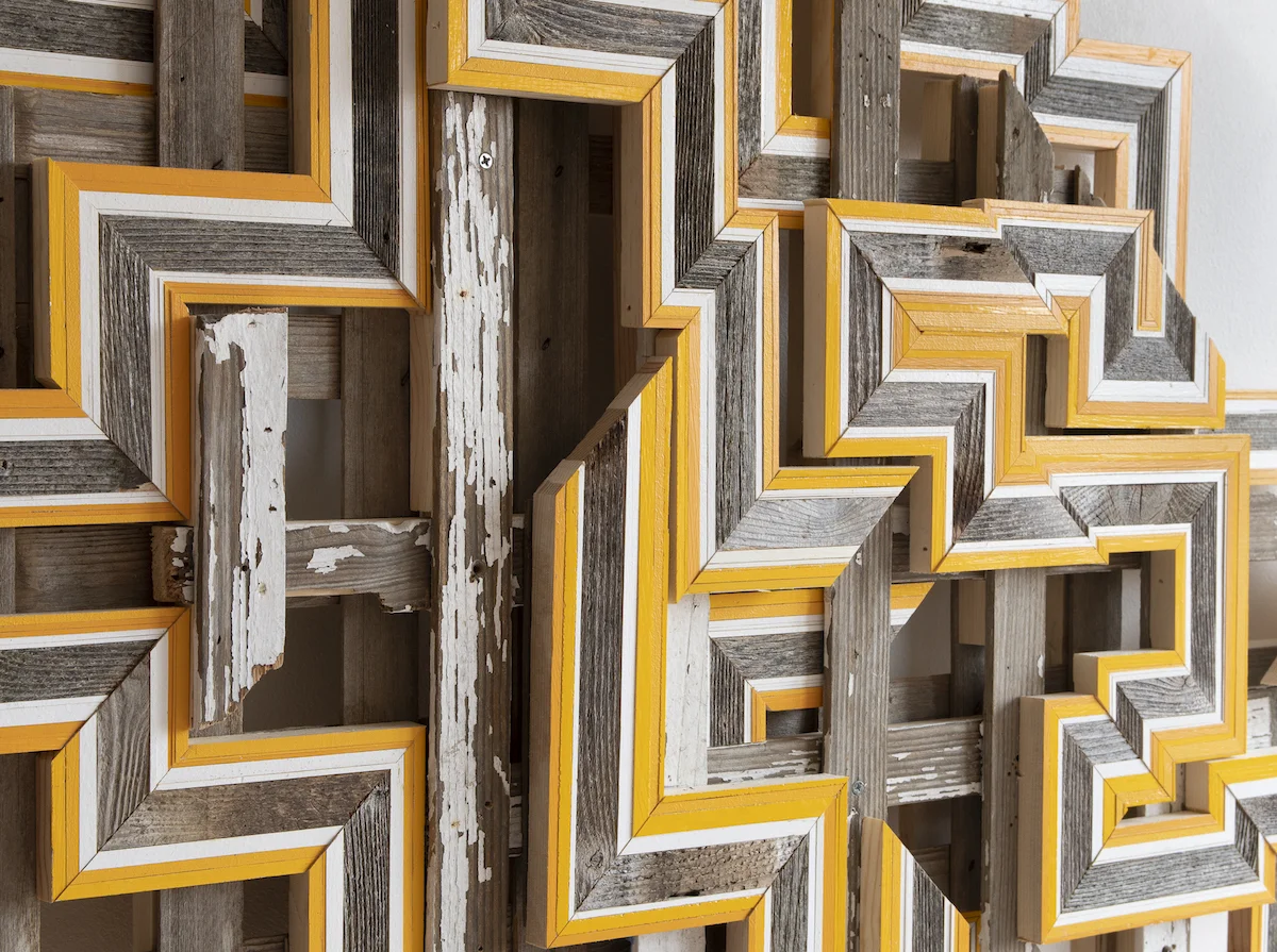 DETAIL - Untitled , (Somerville, MA/ Ann Arbor, MI) 2019. Found wood, painted pine and poplar, 47” x 50” x 3.75”