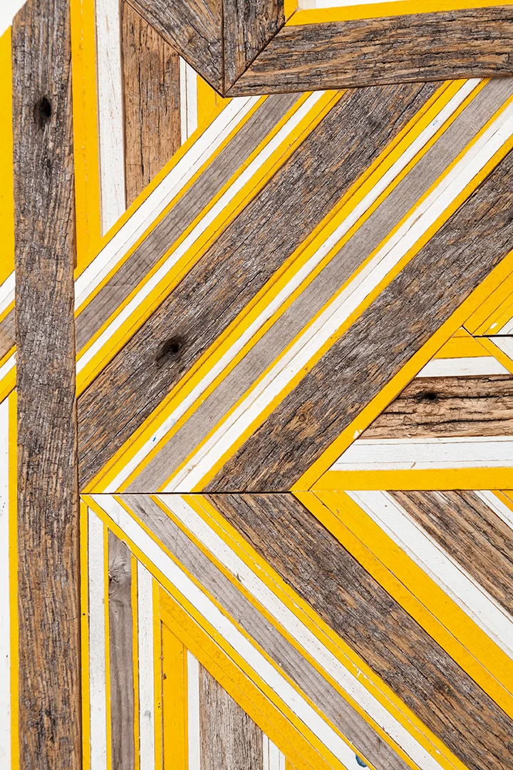 DETAIL - Untitled (Reedsburg, WI/Somerville, MA/Ann Arbor, MI), 2017. Found wood, painted pine, 78” x 24”