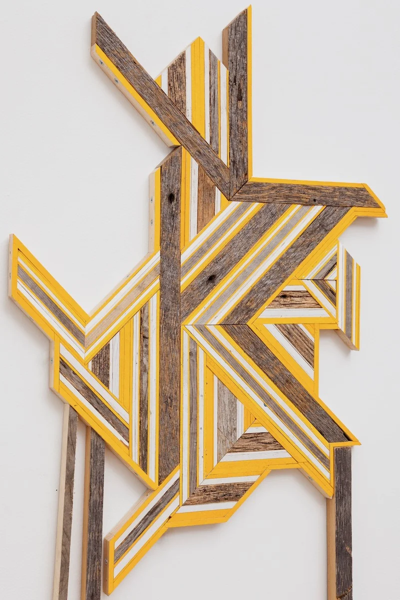 DETAIL - Untitled (Reedsburg, WI/Somerville, MA/Ann Arbor, MI), 2017. Found wood, painted pine, 78” x 24”