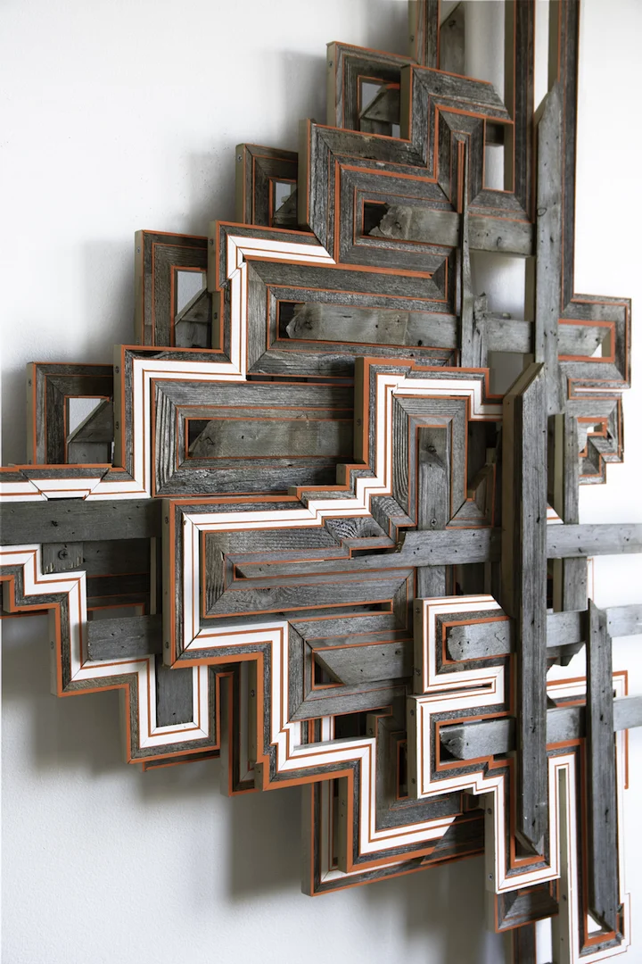 DETAIL - Untitled (Ann Arbor, MI), 2019. Found wood, painted pine and poplar, 36” x 48” x 3.75”