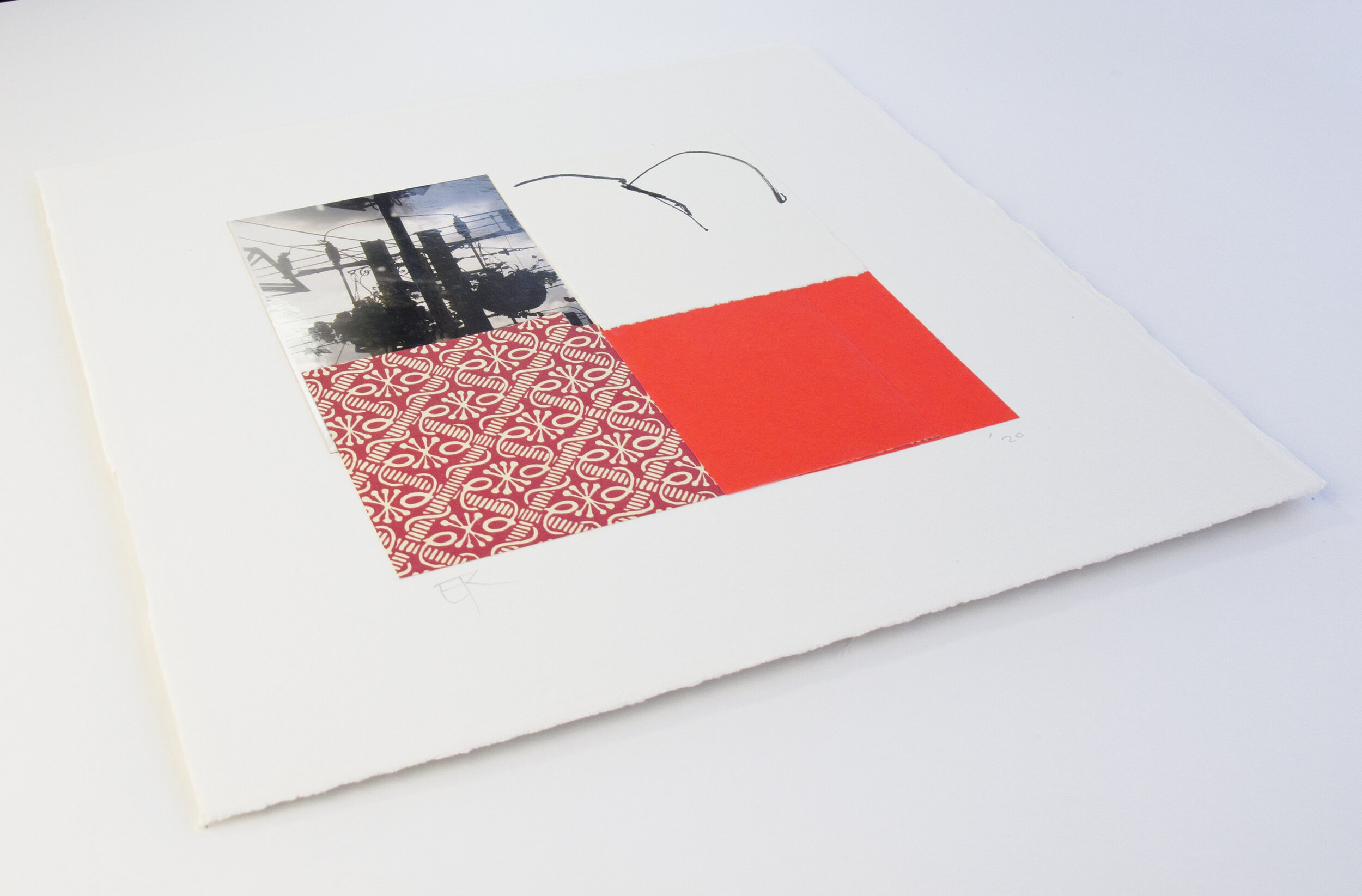 'Hover (red)' - 29 x 29cm. Original collage and mixed media. Paper mounted on 3mm hard board.