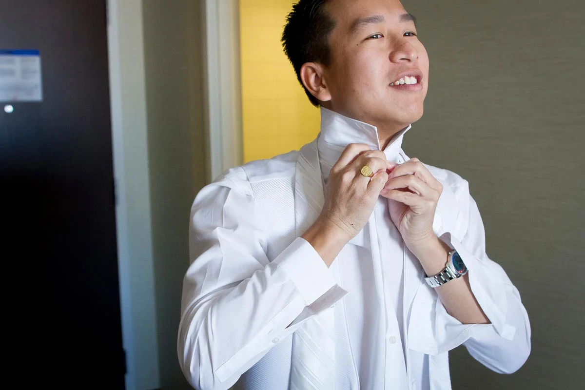 Groom Getting Ready Radisson Blu Bloomington Husband Wife Team Minnesota Twin Cities Wedding Photographer