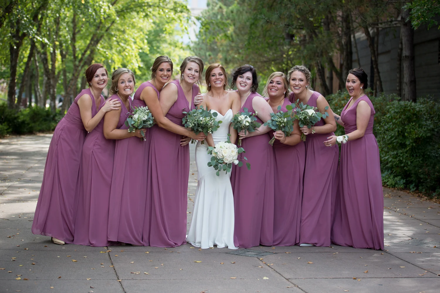 minnesota husband wife photography team minneapolis st paul twin cities wedding photographer bridal party bridesmaids group portrait mauve dresses