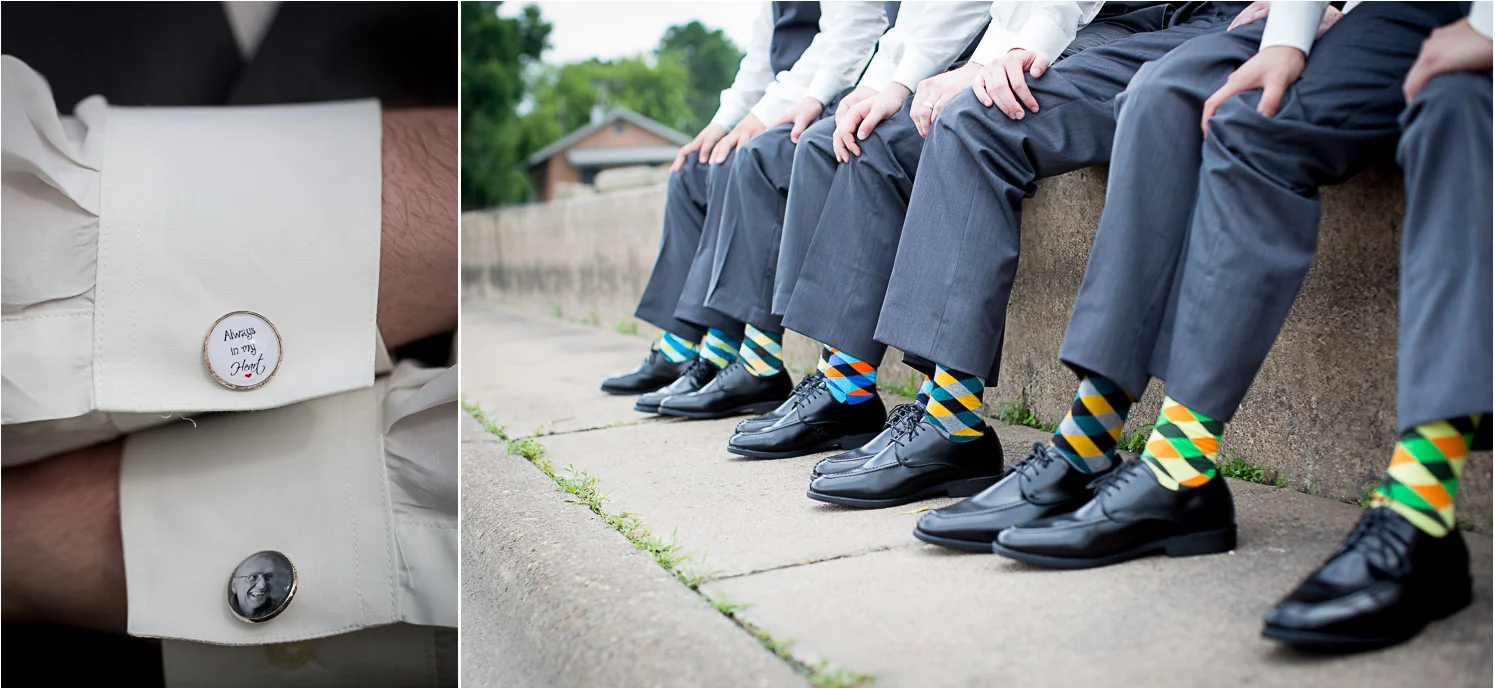 14-groomsmen-groom-details-bright-argyle-socks-fun-colors-gray-suits-custom-memorial-cufflinks-personalized-always-in-my-heart-father-of-the-groom-mahonen-photography.jpg
