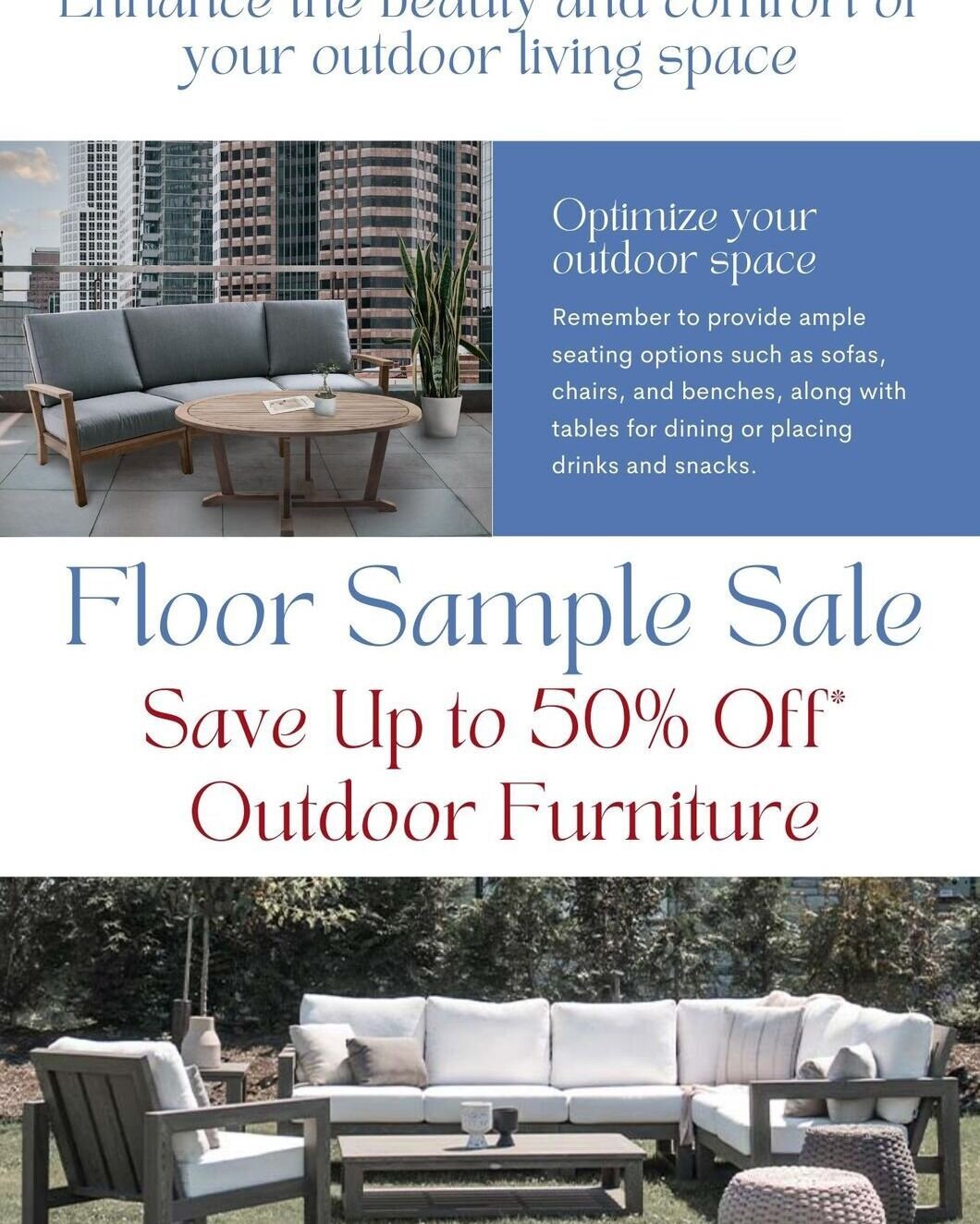 Floor Sample Sale - Save up to 50% off* Outdoor Furniture. Ready for immediate delivery.