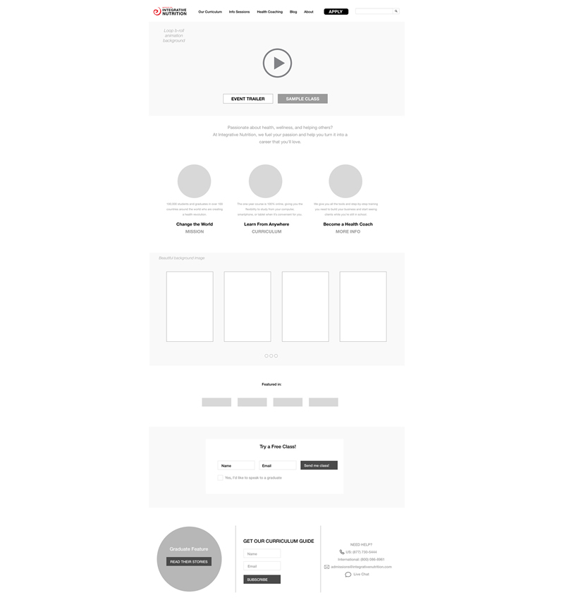    Initial wireframes  for Integrative Nutrition's home page redesign. Once these were approved, I raised the fidelity and integrating their brand colors and collaborating on artwork.    Eventually, we settled on background animation/video to elicit 