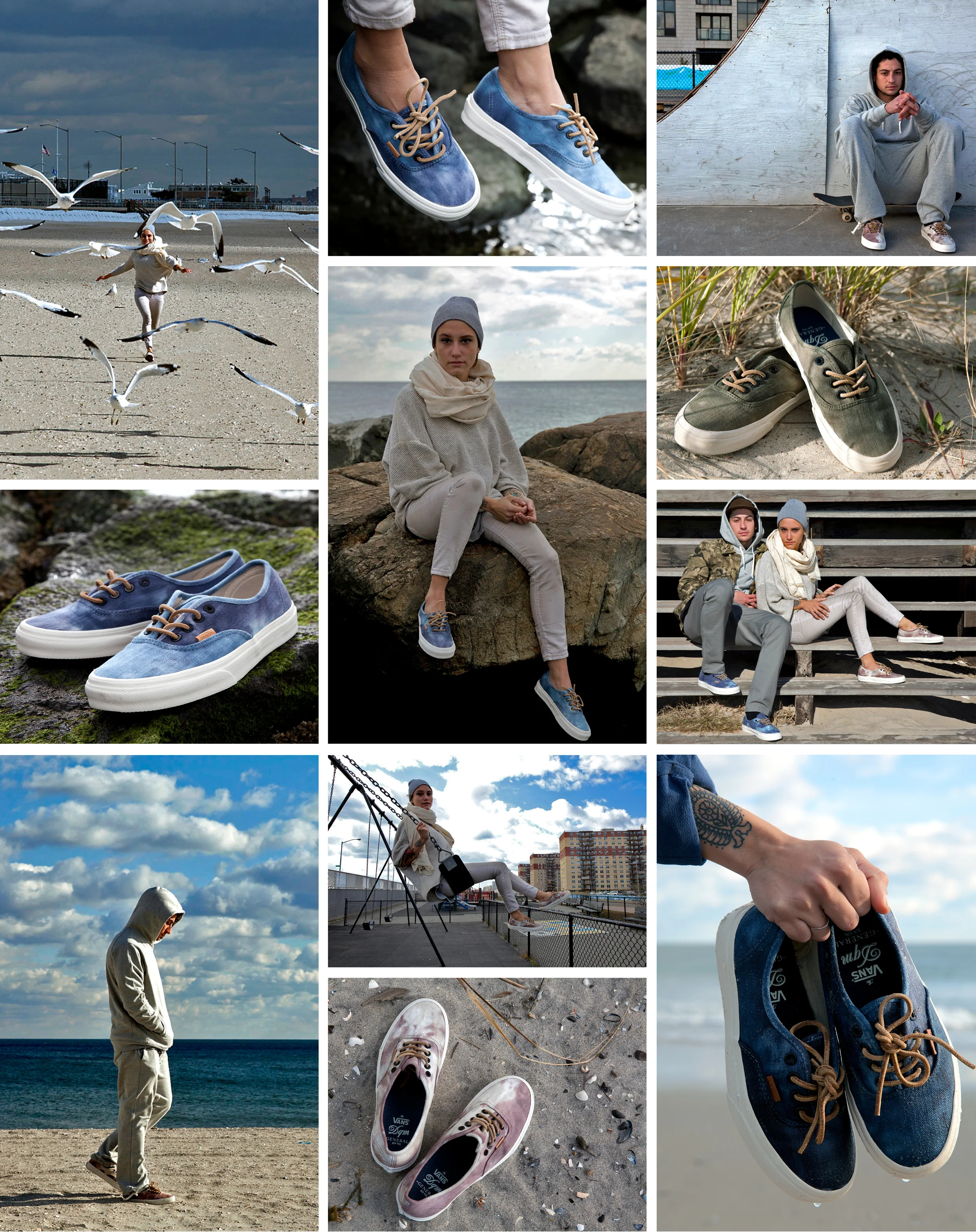 The ‘HBT Authentic’ collection is inspired by the Herringbone Twill (HBT) uniform introduced in World War II. Made of of 8.2-ounce heavy cotton herringbone twill cloth, the uniform consisted of an OD shirt, trousers, and a circular-billed cotton utility hat. It was initially meant to be worn over the basic wool uniform to provide protection, but soon proved to be a much better material as the primary uniform for hot weather and tropical climates. Using an unique enzyme process created specifically for this project, we wanted to make a subtle camo using the highs and lows that the enzyme process created. The reference for the colors are Jungle, Desert and Ocean. The eyelets have a saltwater patina finish and the shoes utilize a siped bottomplate for the functionality of the tread on wet surfaces Photographed by Gerhard Stochl in The Rockaways, New York.