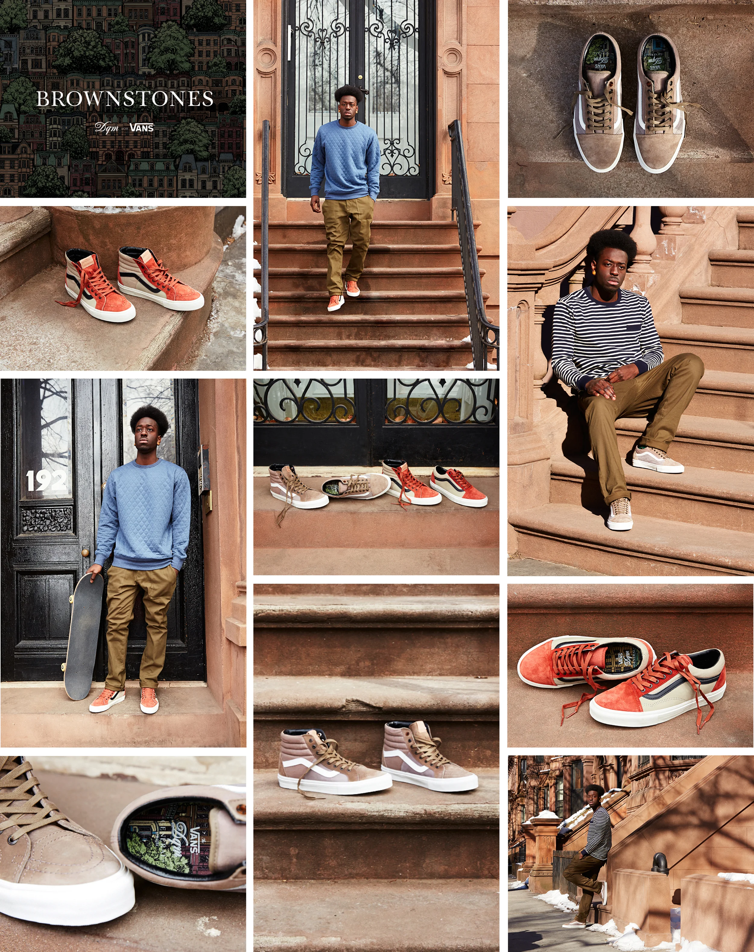 The shoes are inspired by the brownstone row houses of New York and the North East. Drawing from the natural shades of the Jurassic sandstone material, the collection includes four styles: a Sk8-Hi 46 LX and Old Skool LX in colorways of grays and red brick/ brown. Constructed in a combination of premium leather, suede, nubuck and canvas, the shoes feature riveted brass eyelets with single tortoise glass eyelet detail, waxed flat laces, gum outsole and The General’s signature navy blue heel tab print. A custom, artist-commissioned illustration is printed on the insoles. Built for the East Coast’s inclement weather, the shoes feature water-resistant Scotchgard™ weather protection treatment. Photography by Dominic Neitz in Fort Greene, Brooklyn, New York.