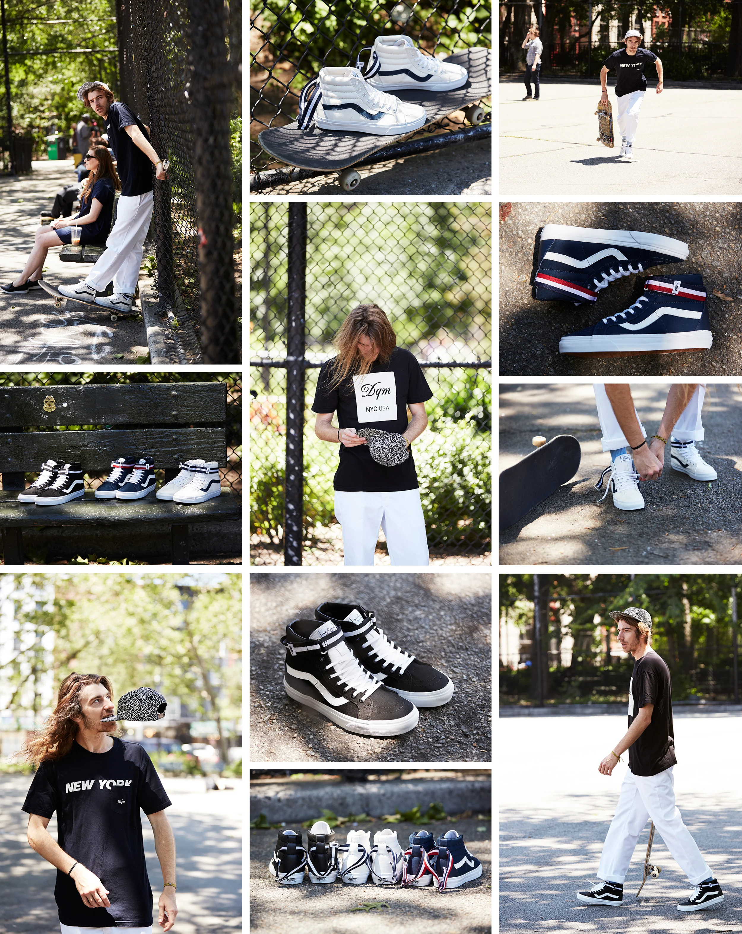 As the sport of skateboarding was still emerging in the early 80s, its fashion was influenced by the colors and style of the times more than any specific skateboarding culture in and of itself: bright colors, bold fabrics and flashy graphics, and in NYC specifically, basketball style, tony sports culture, hip-hop style. Skateboarding in the 80s was owned by skateboarders; skateboard companies were run by skateboarders, and a feeling of youth and completely free expression permeated skateboarding fashion, there was no other marketing agenda. The 101’s modernize some of our favorite details and silhouettes from these times in an updated Sk8-Hi Reissue LX. Pared back to simple fabrics in classic team colors, they have a vintage sports feel that is characterized by 80s and 90s East Coast skateboarding. Constructed in canvas with a premium leather side stripe and heel, details include a nylon tongue facing, cotton terry cloth tongue backing, removable striped ankle strap and The Vans DQM General logos in the footbed and at the heel tab. Photography by Dominic Neitz and Kevin Trageser. Worn by Dustin Eggeling in the Lower East Side, New York City.
