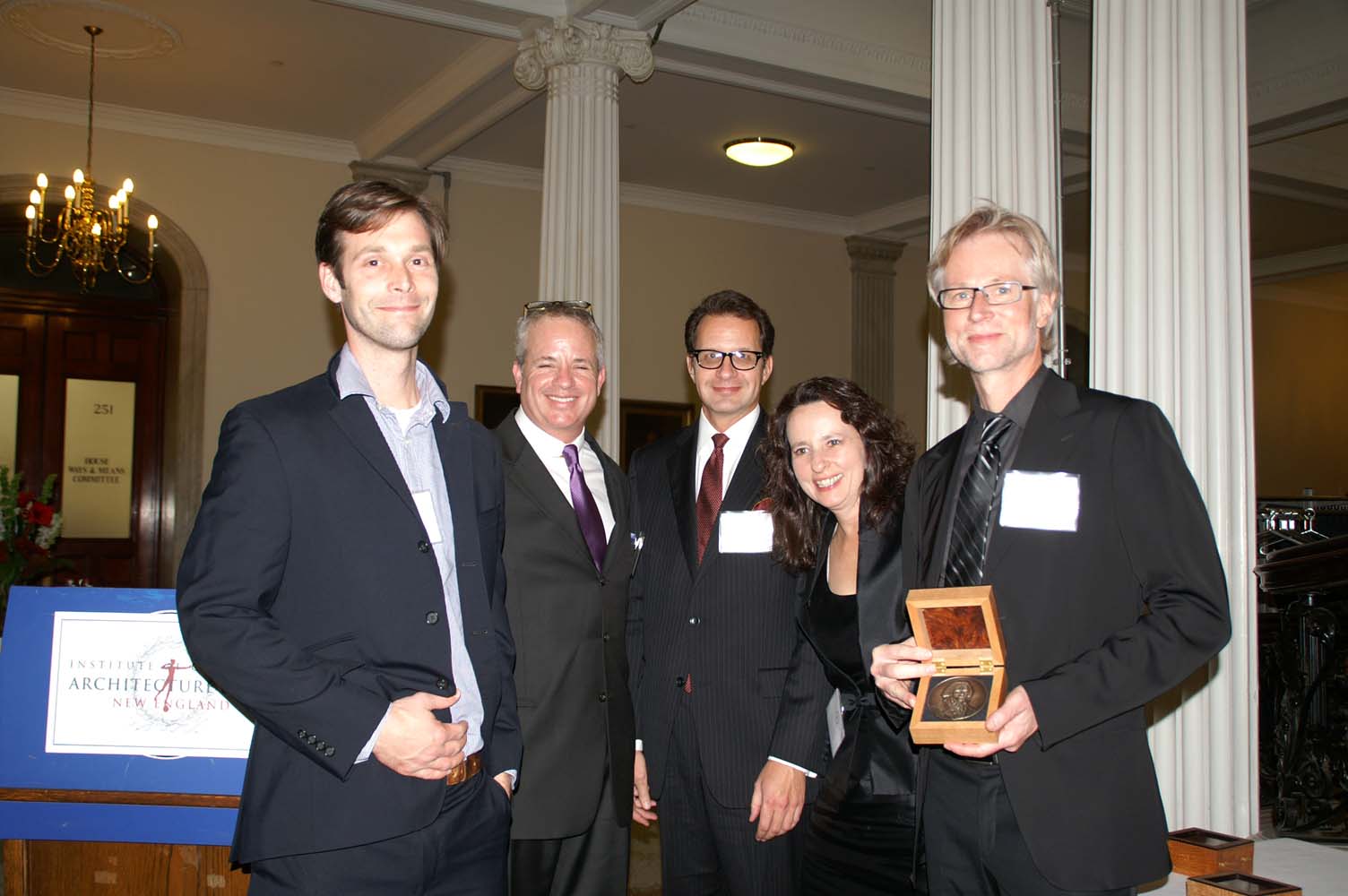 Thomas Race, Chapter President John Margolis, Chapter Vice President Sheldon Kostelecky, Board member Susan Close, Bulfinch Award winner Jeff Heyne of Dell Mitchell Architects