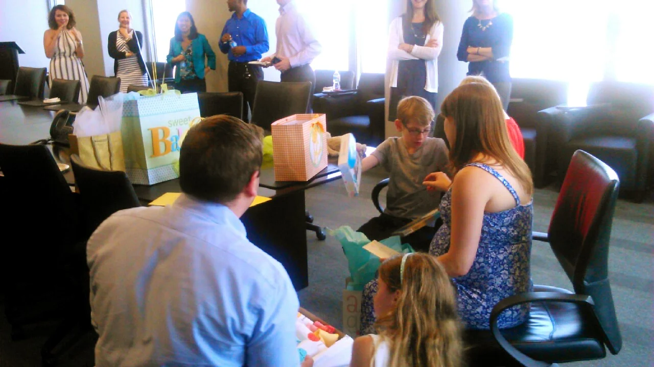 Our excruciating (lovely....no, excruciating) boardroom baby shower. Thank good ness my nephews were there to take some of the heat.