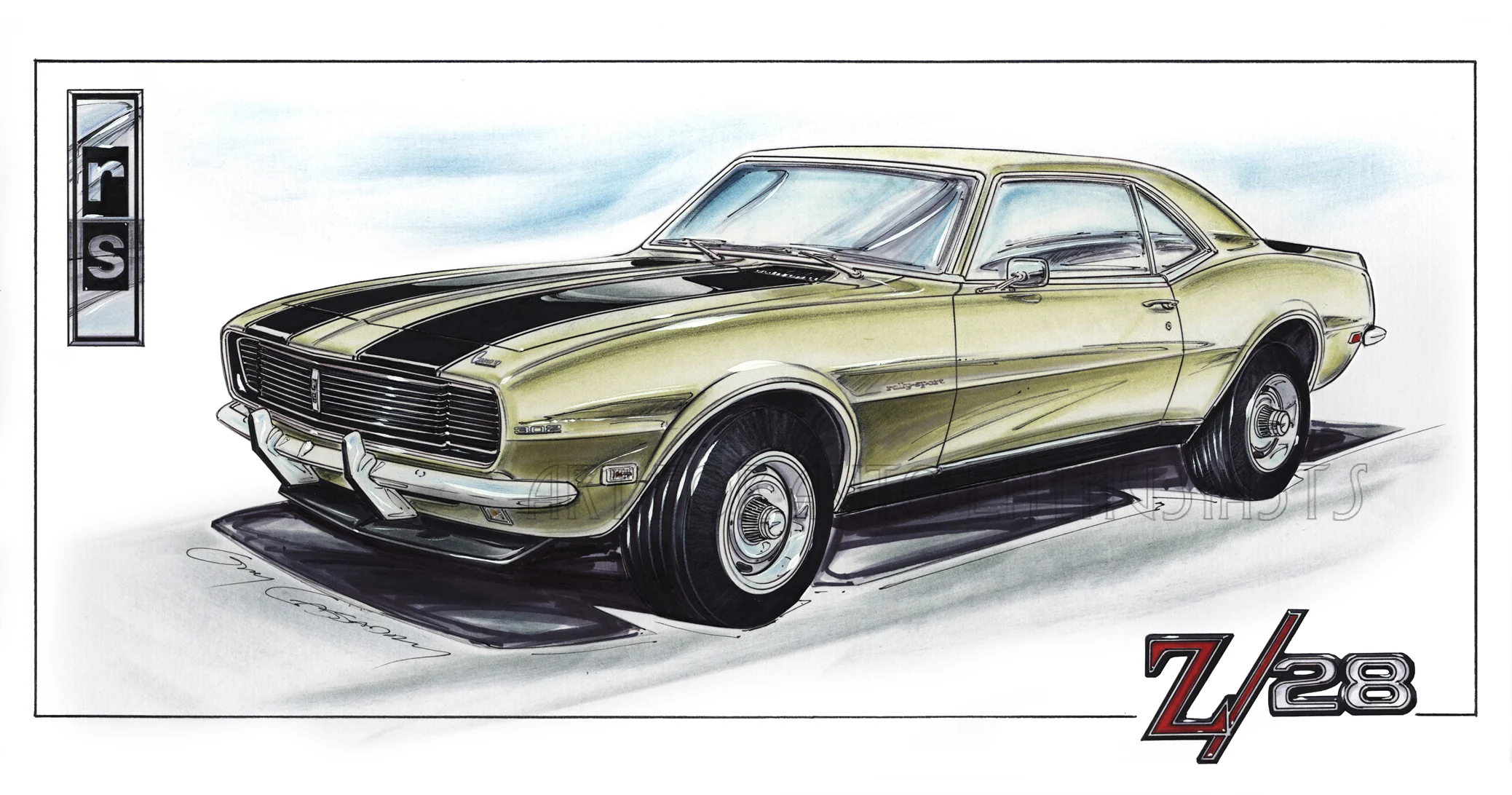 11" X 17" - 1968 Chevrolet Camaro Z28, built in 1967. No Z28 designation of front fenders - commission