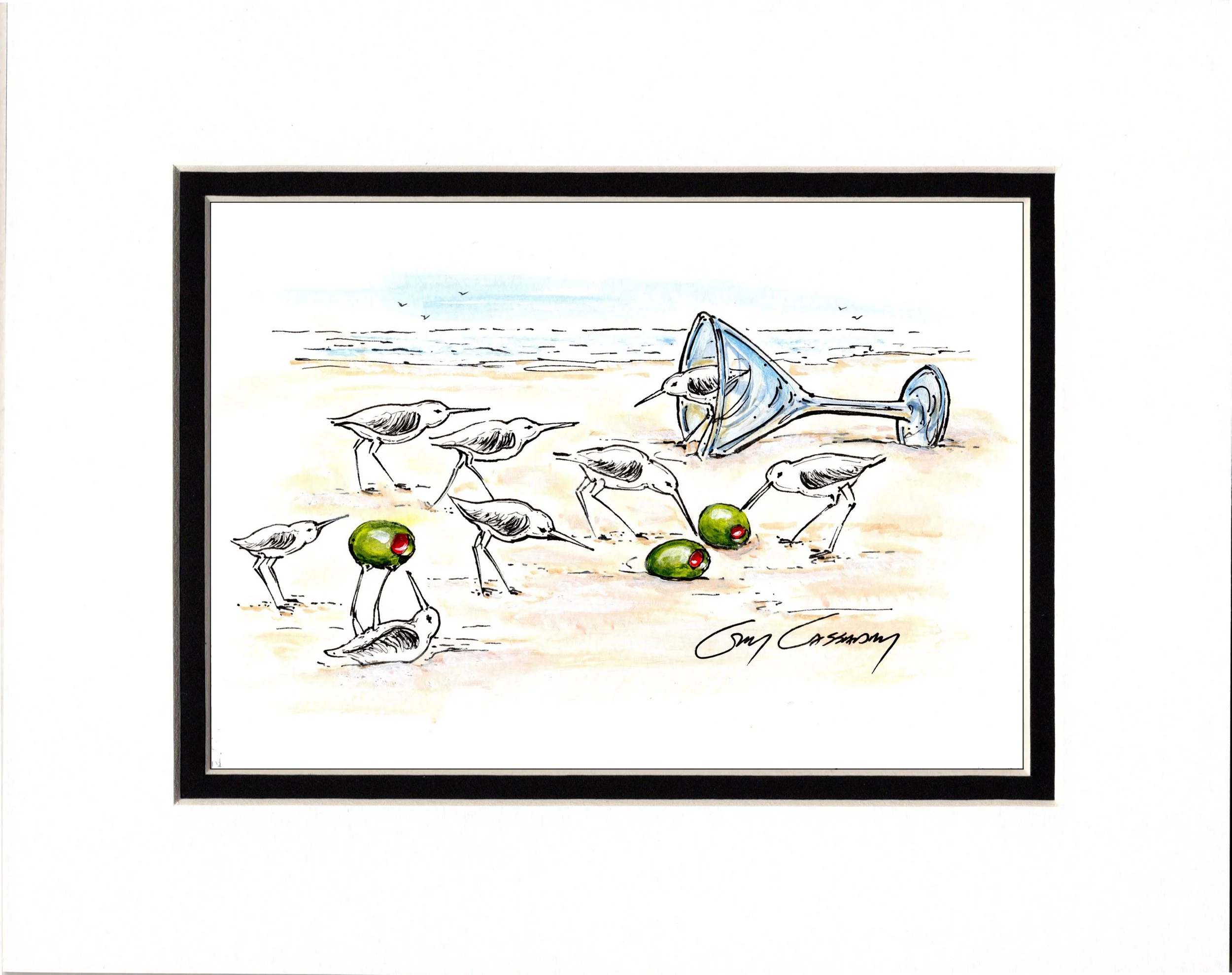  Spilled Olives Print with “ Martini Birds “  Matted Print  8” X 10” Matted format.  $22.00 plus shipping. 