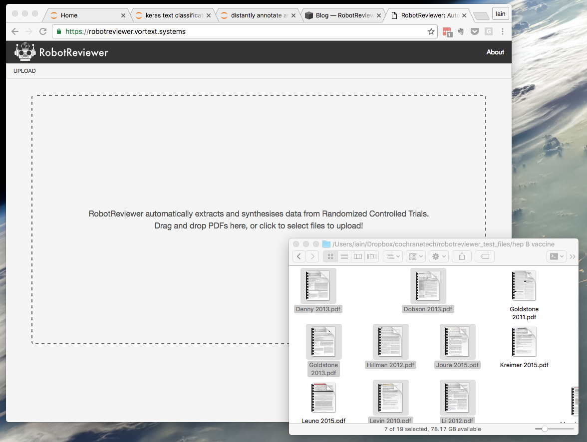 The first screen of the new RobotReviewer interface. Simply drag a bunch of PDFs of clinical trial reports to the dashed box to start the process