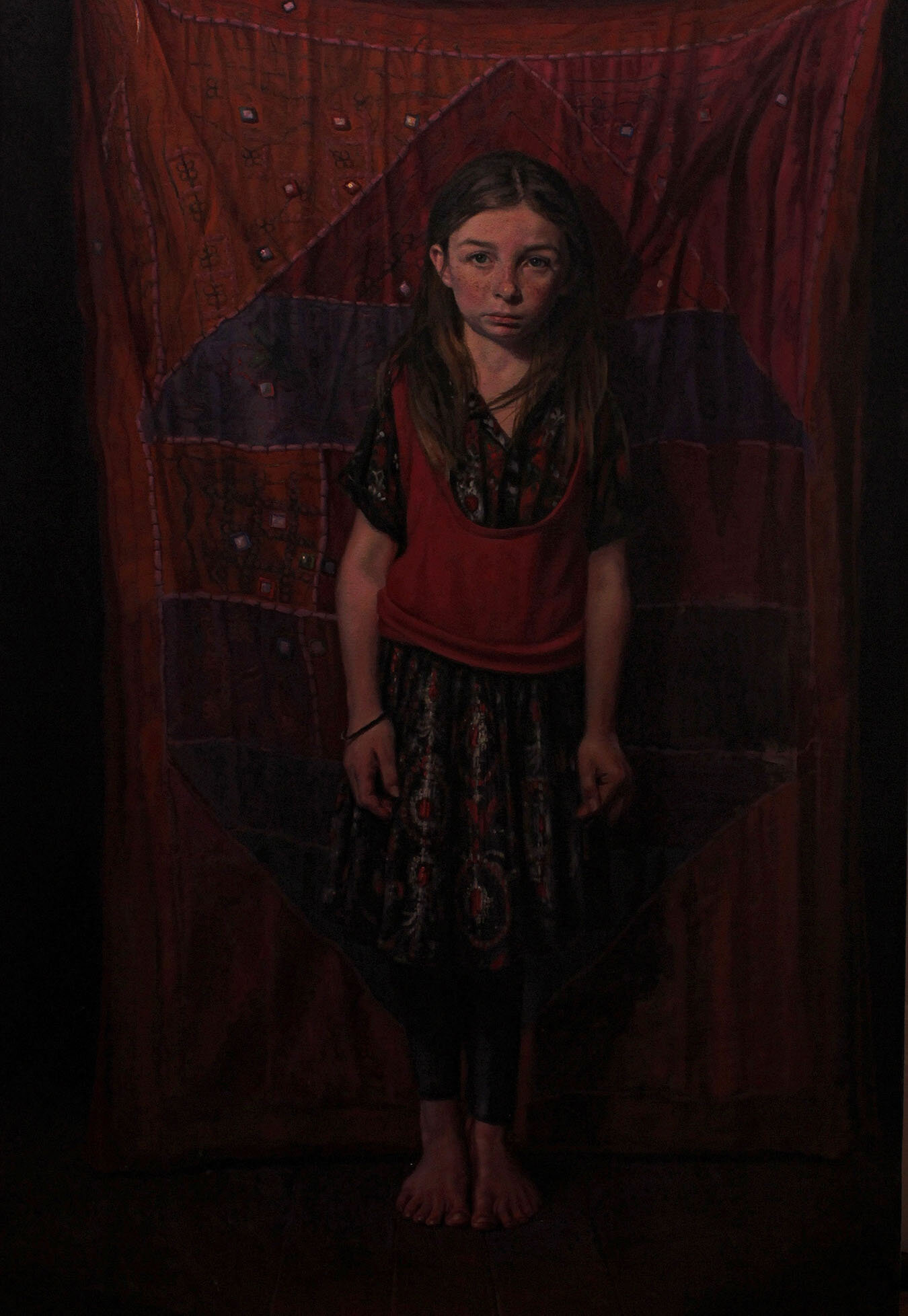 IMG_1297-Stage-fright- The girl standing in front of the red fabric is an oil on canvas 60 X 40 inches 50%.jpg