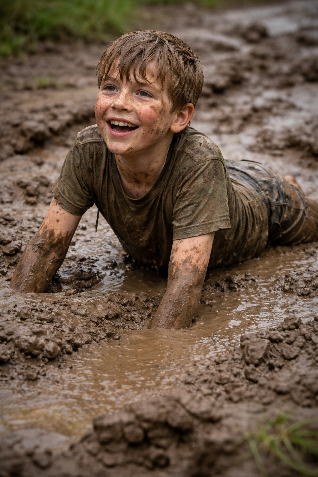 boy stuck in muddy mess