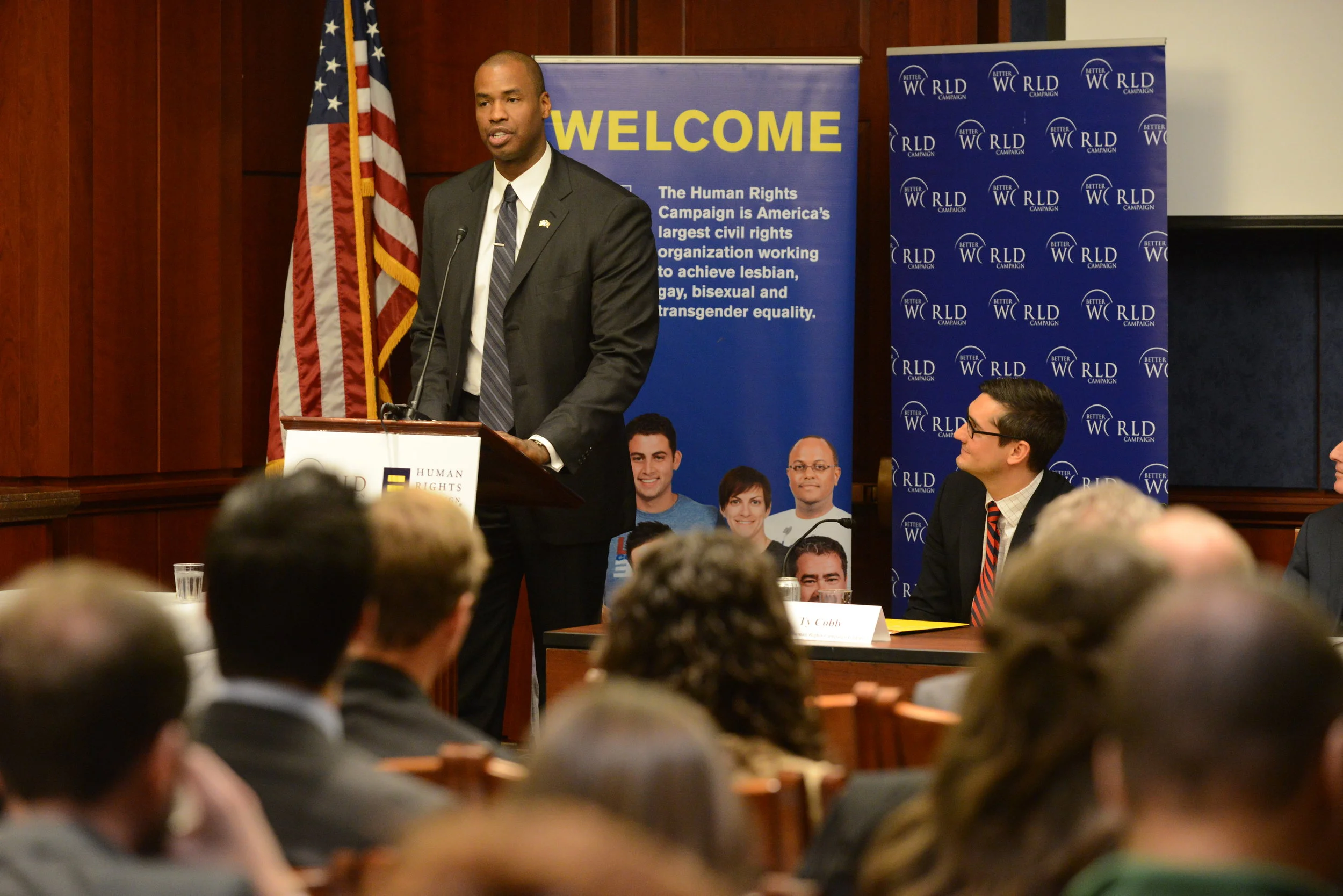 Retired NBA player Jason Collins speaking at UN Human Rights Day event in DC