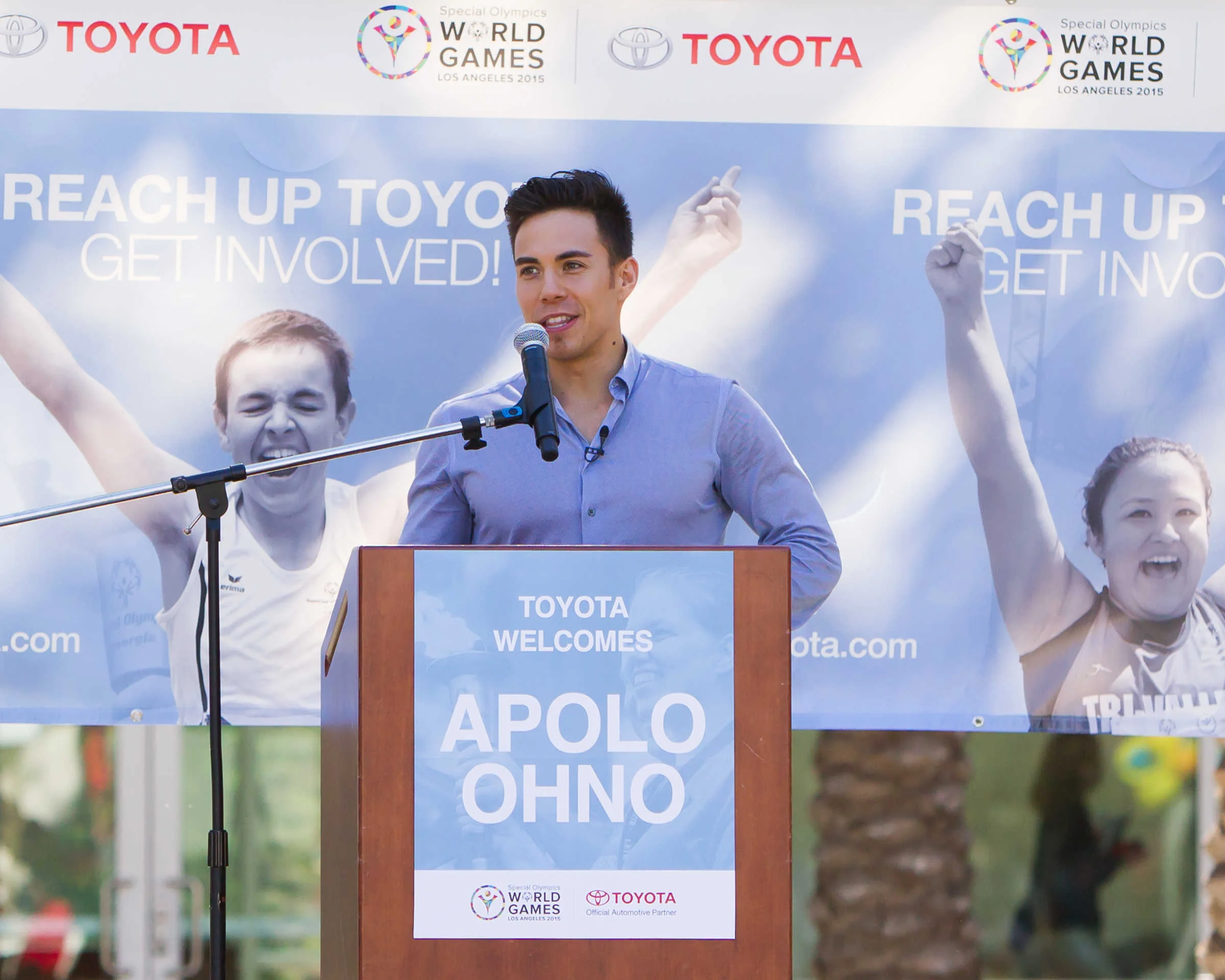 Olympian Apolo Ohno speaks at Toyota Special Olympics event