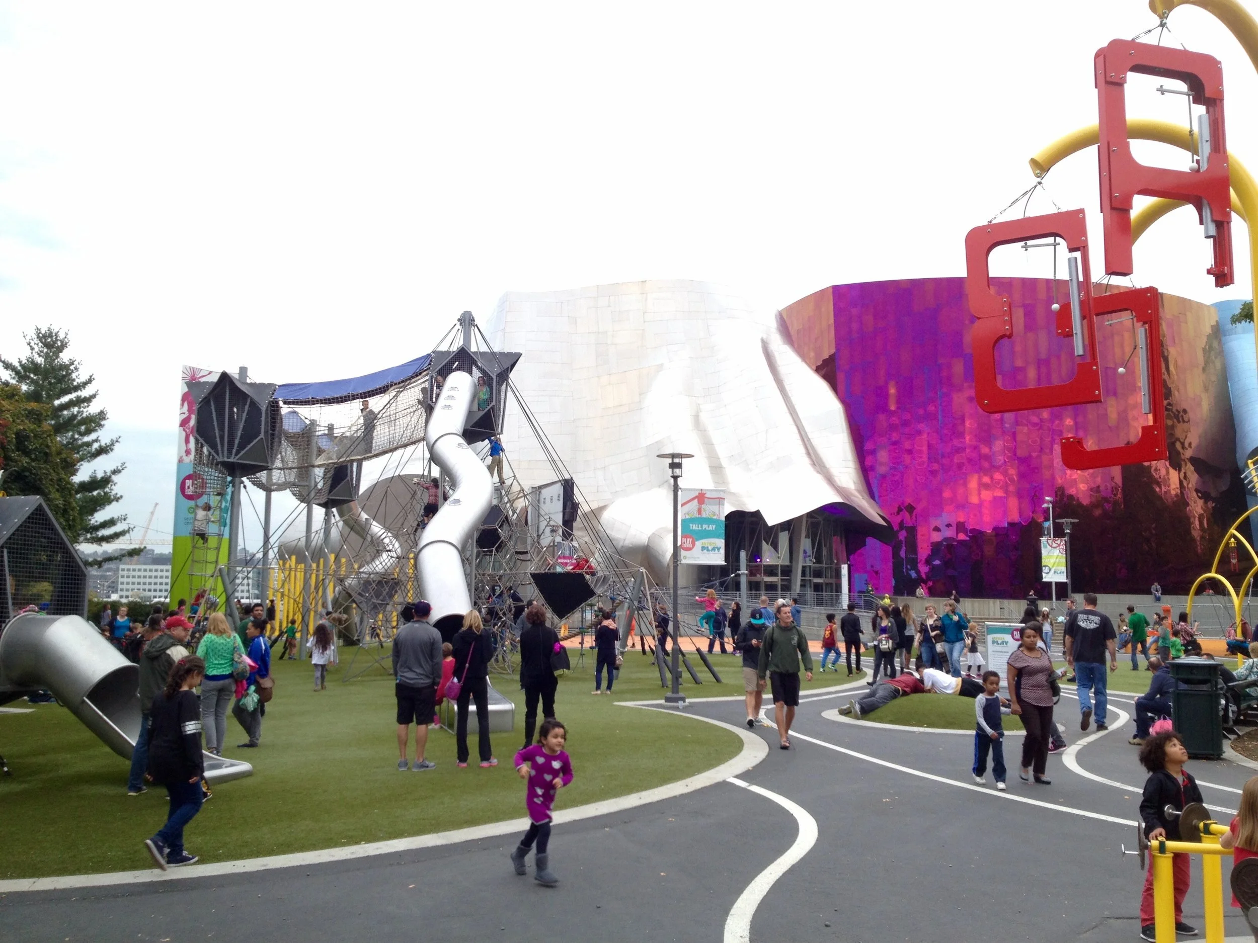 The FREE playground outside Museum of Pop Culture at the base of the Space Needle is epic for kids and adults, alike. And the heights are not for the faint of heart. 