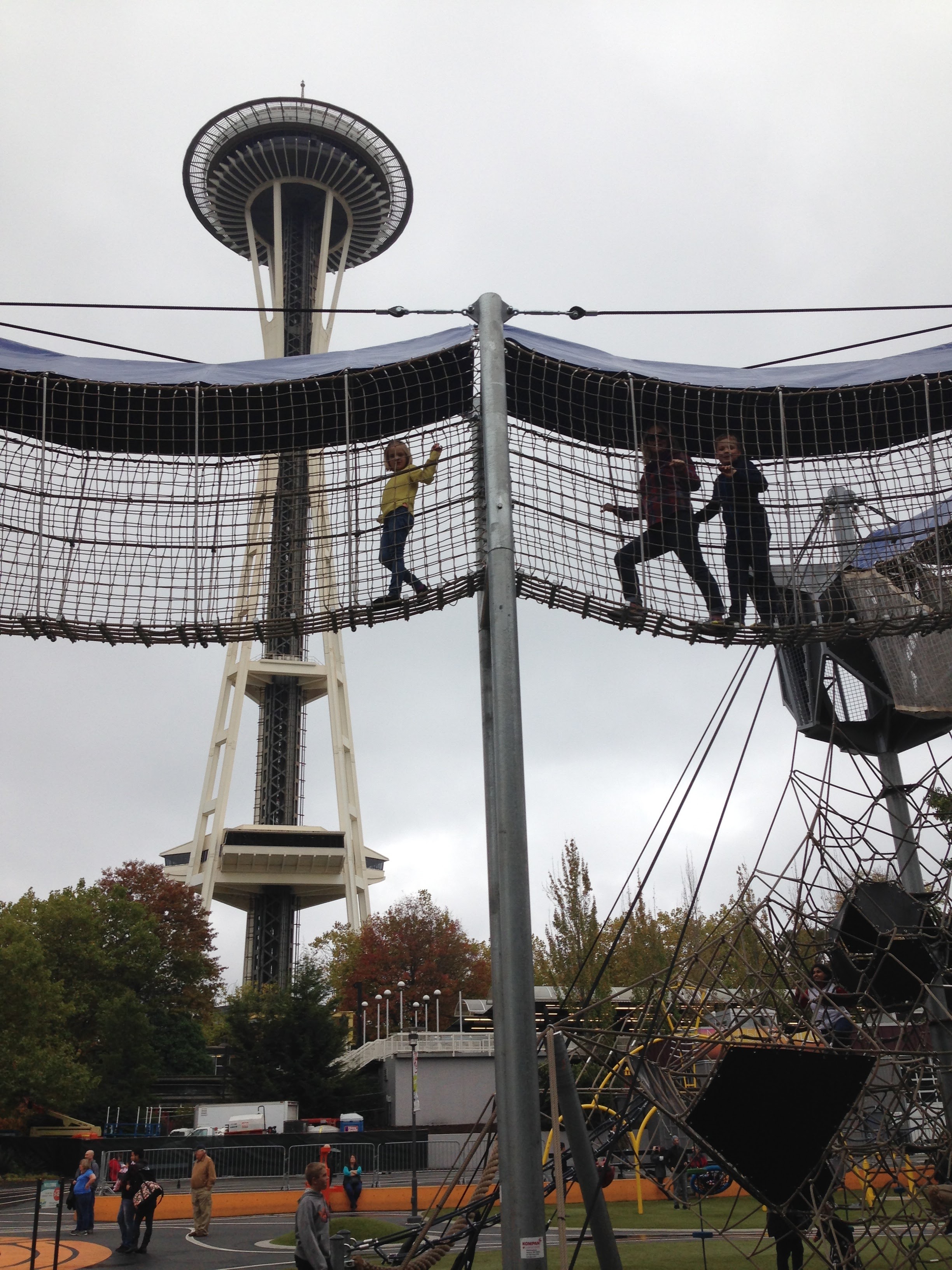 The free playground outside the Museum of Pop Culture is a amazing for kids up to teenagers and even adults. (Climbing high with my kids was a really cheap thrill for me!)