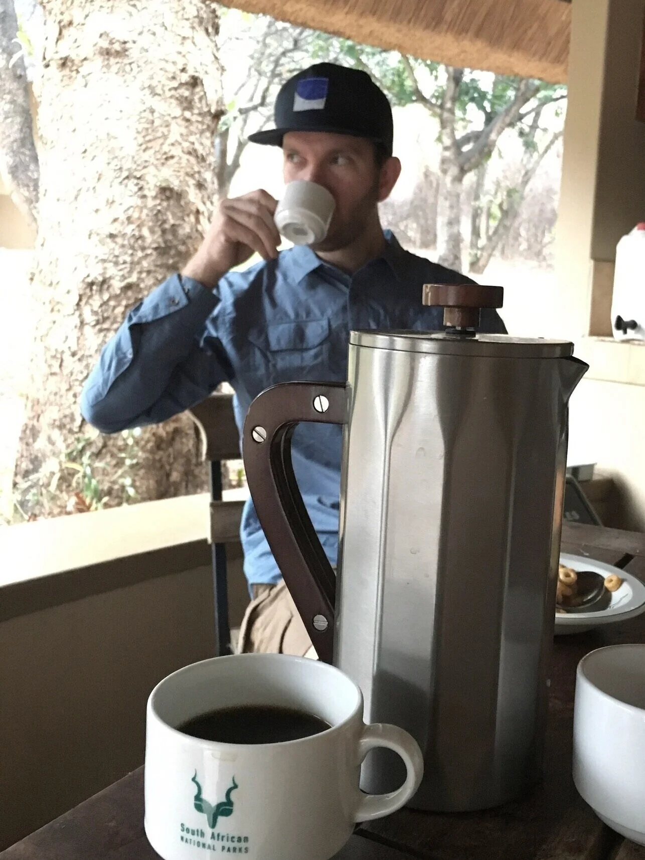 Coffee on the porch of our hut in Kruger National Park.