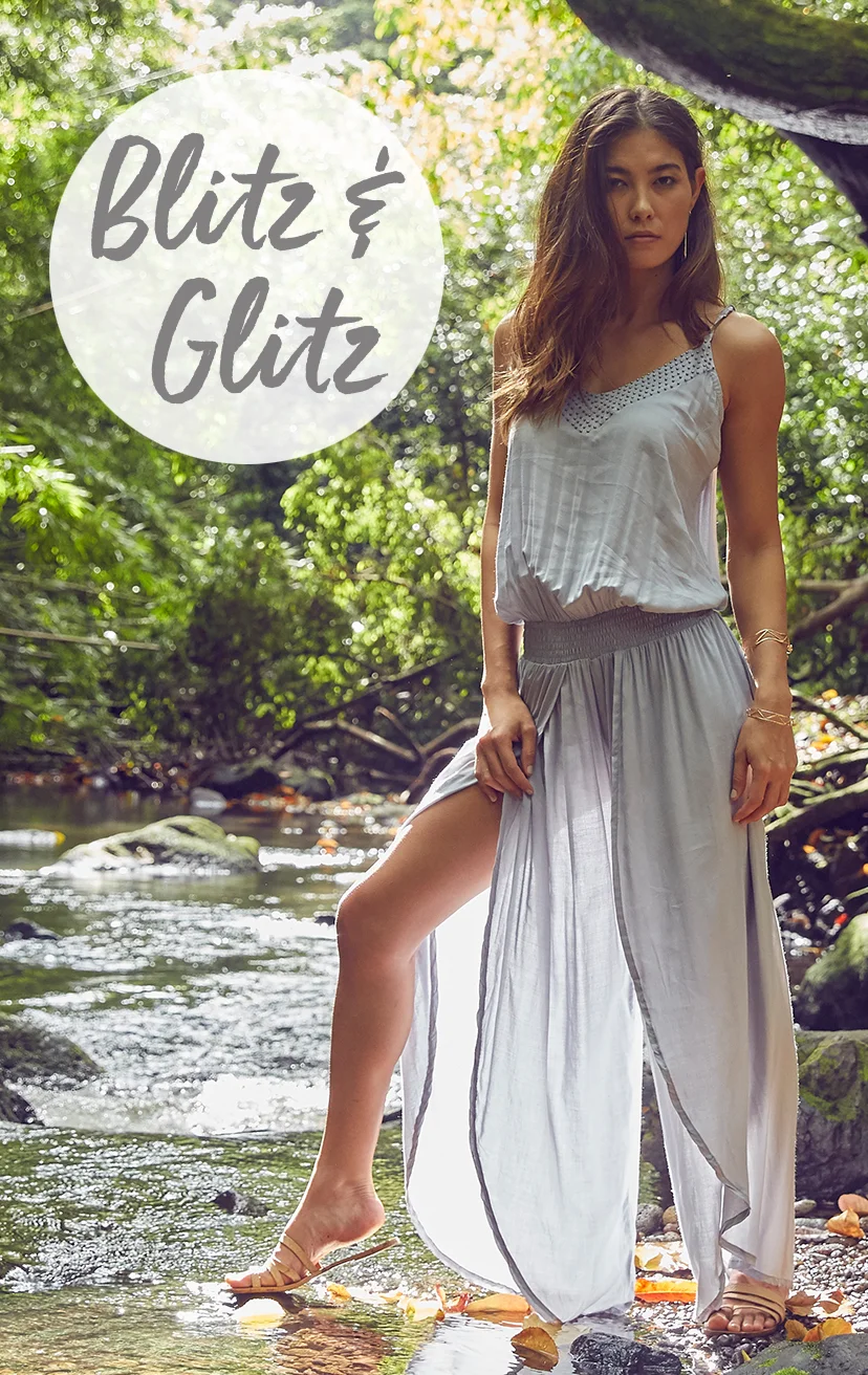 JUMPSUIT KALANI Beaded v-neckline, spaghetti strap jumpsuit, wrap style pant, elastic waist 100% RAYON | XS-S-M-L
