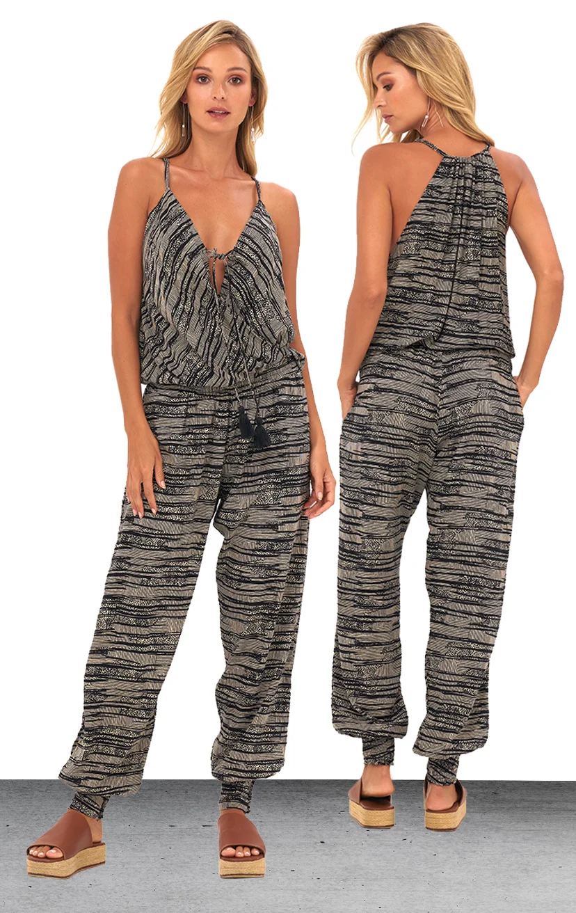 JUMPSUIT VEDA Spaghetti strap jumpsuit, racerback, elastic waist, front pockets 100% RAYON | XS-S-M-L