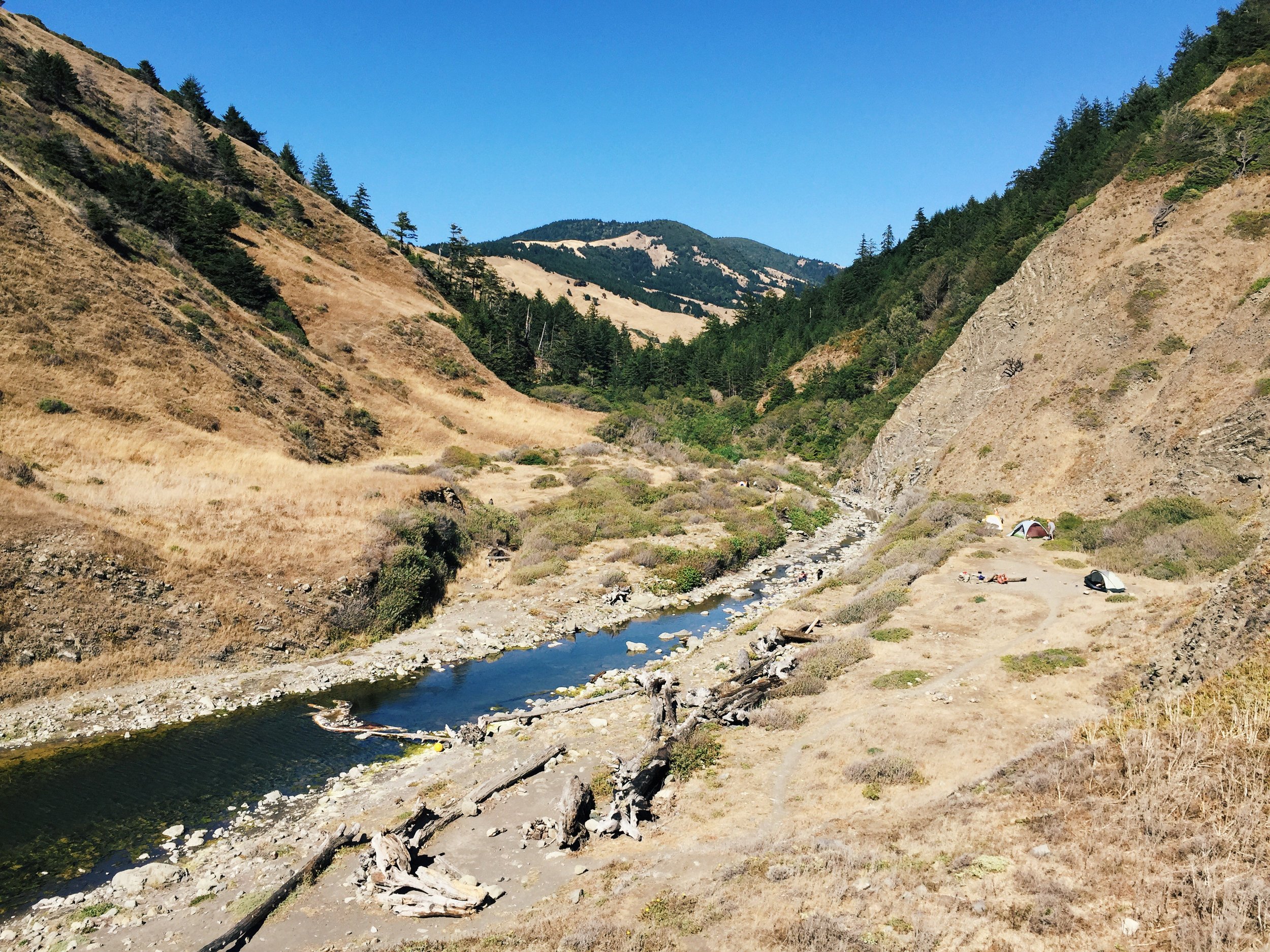 First nights campsite at Coosksie creek. You can somewhat make out the dead whale in the bottom left corner of the creek.