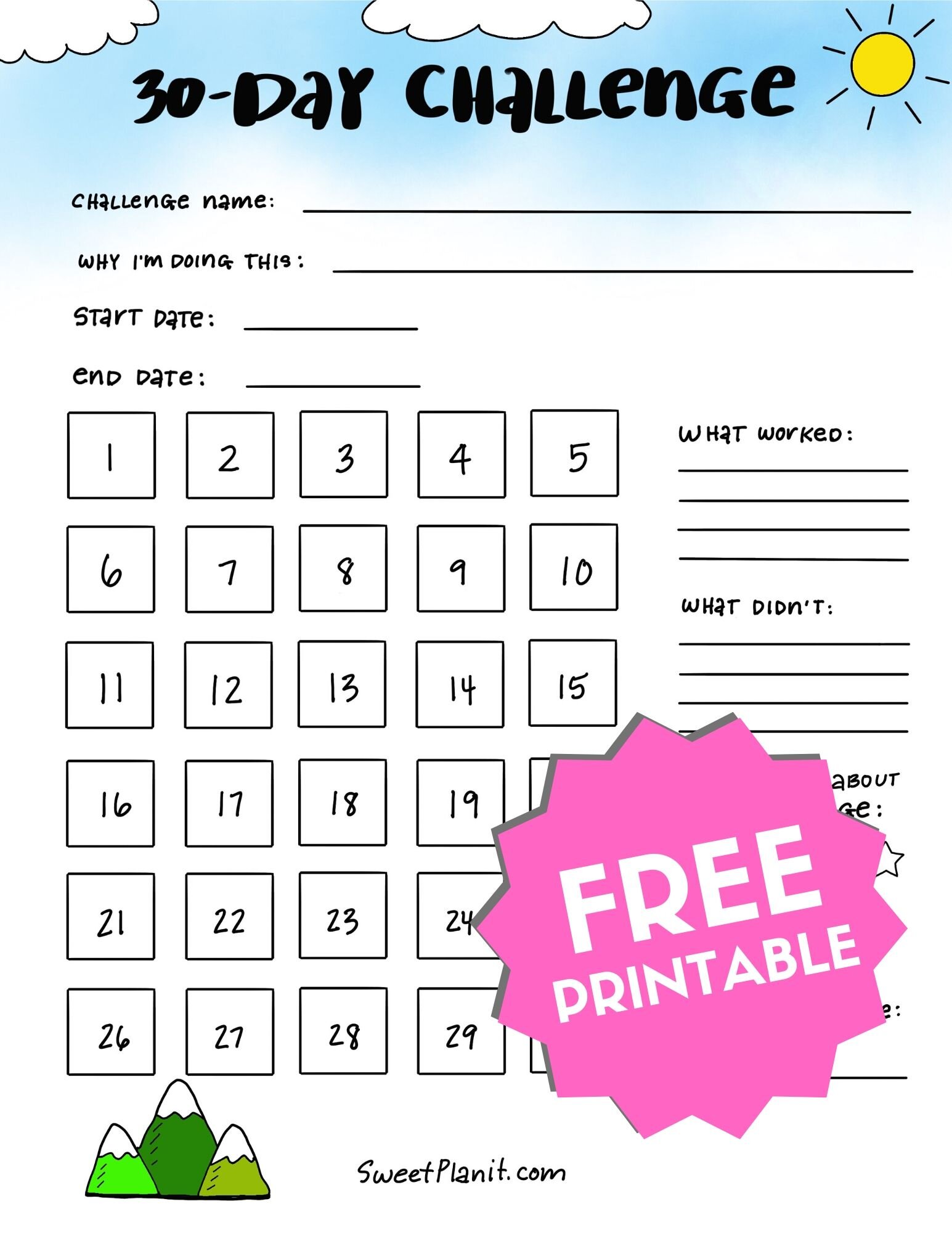 30Day Monthly Challenge Free Printable — Sweet PlanIt