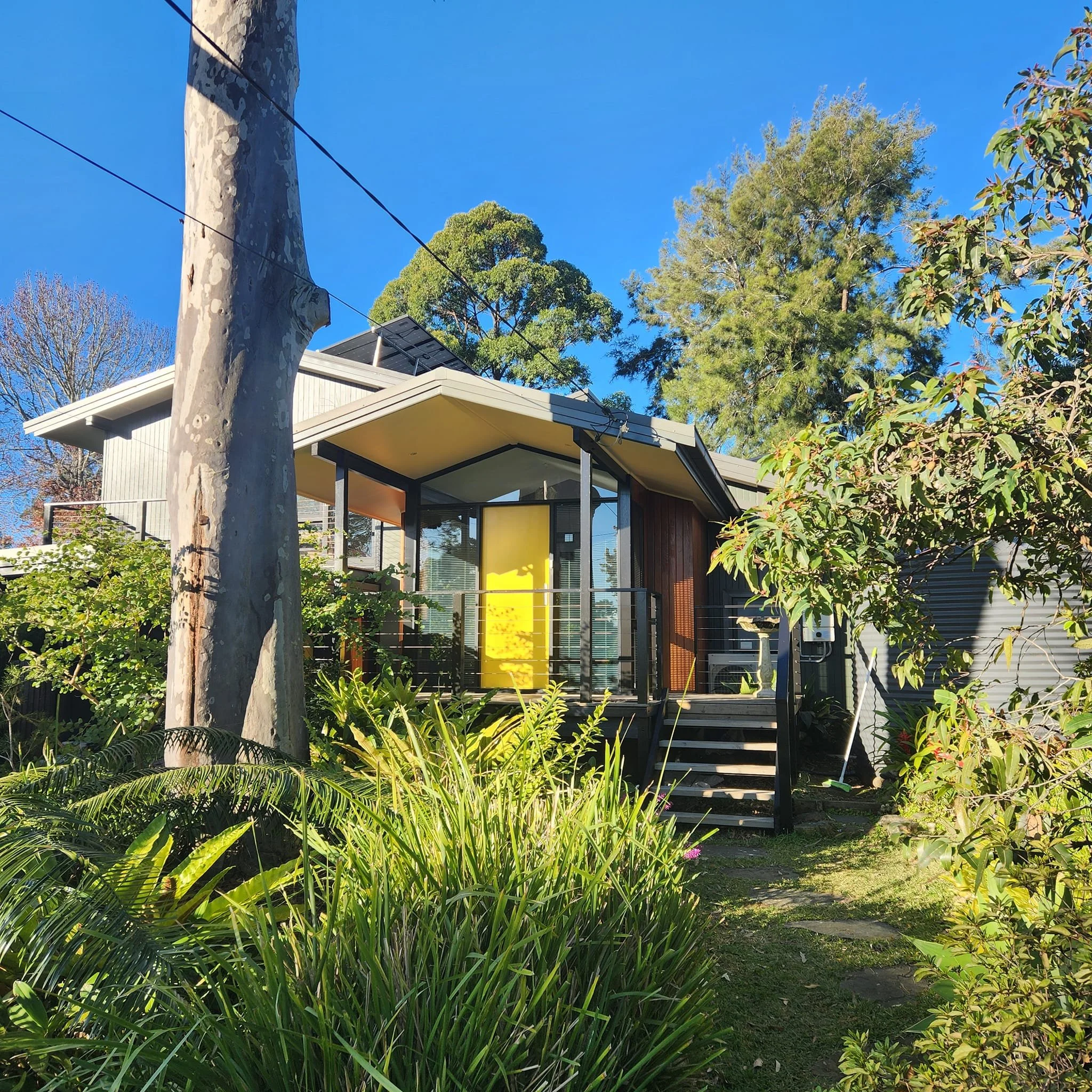 A modern house with large glass windows and a yellow door, surrounded by lush green plants and trees, under a clear blue sky.