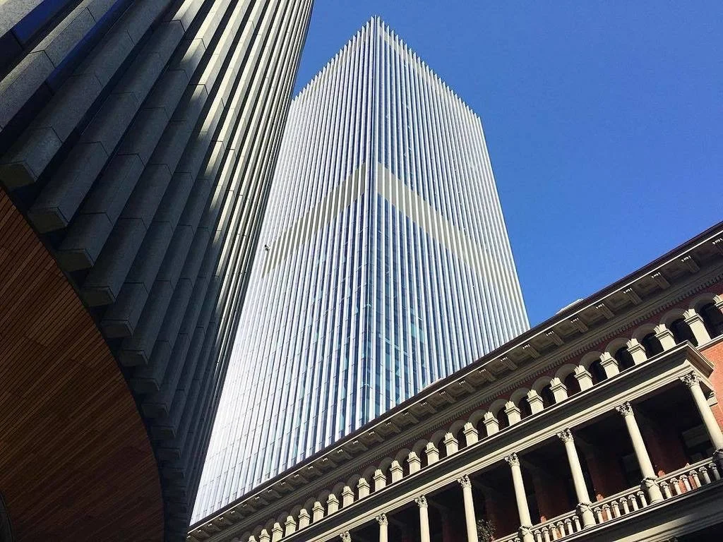 The contrast of Perth's old and new, the City Library, Government Town Hall and one of the new office blocks.