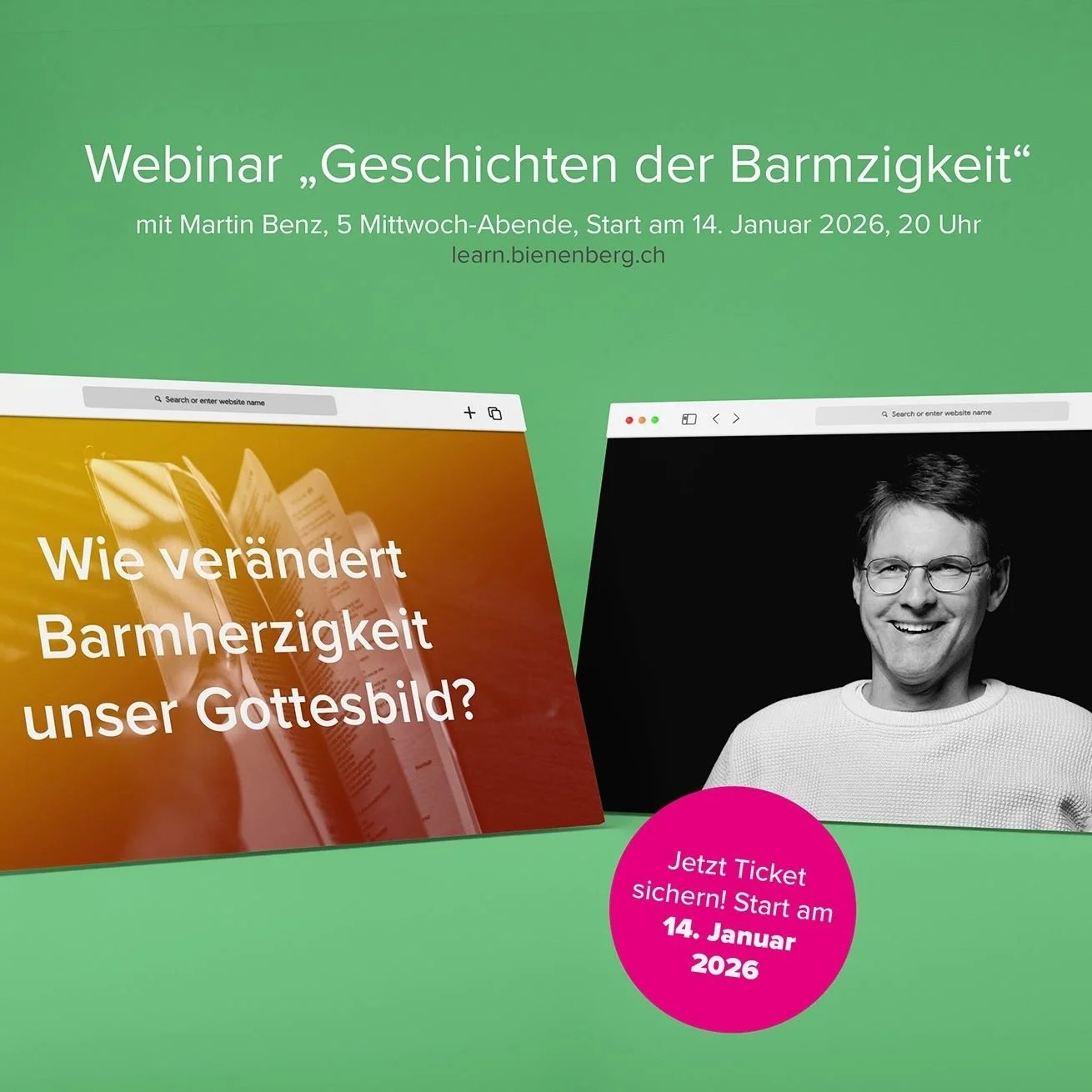 WEBINAR &laquo;Geschichten der Barmherzigkeit&raquo; mit Martin Benz,
5 Mittwoch-Abende, Start am 14. Januar 2026, 20 Uhr - jetzt Ticket sichern!

>>Wie ver&auml;ndert Barmherzigkeit unser Gottesbild? 
Dieses Webinar vermittelt an f&uuml;nf Abe